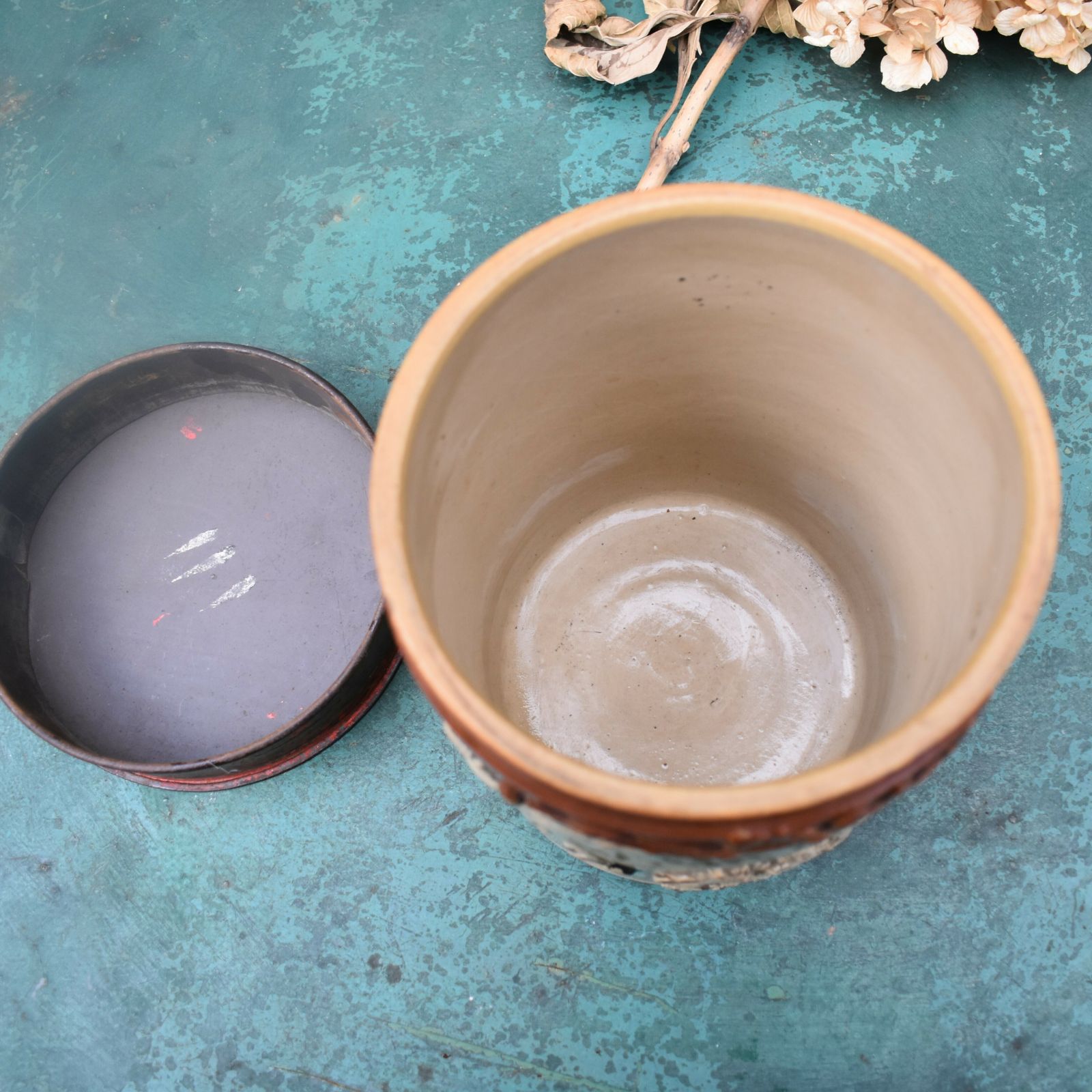 photo furniture Antique Stoneware Salt Glaze Toleware Shop Advertising Apothecary Tobacco Jar