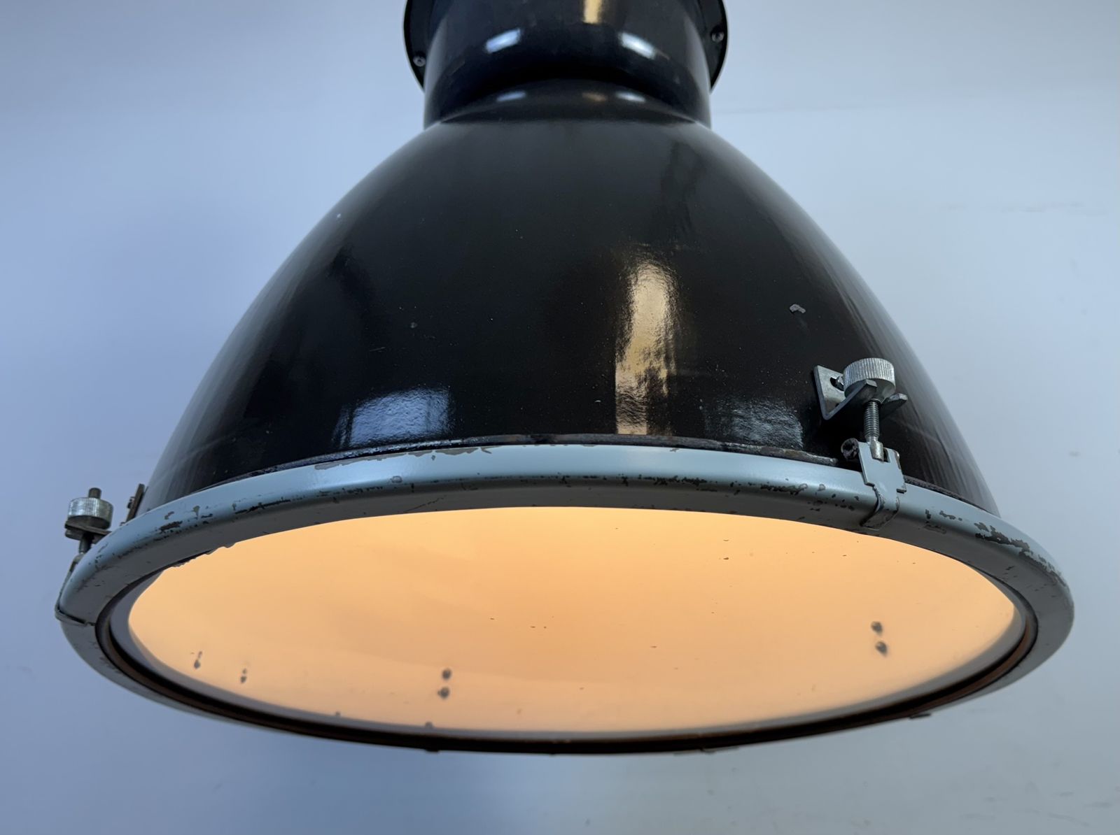 photo furniture Large Black Enamel Industrial Lamp With Clear Glass Cover From Elektrosvit, 1960s, 20x