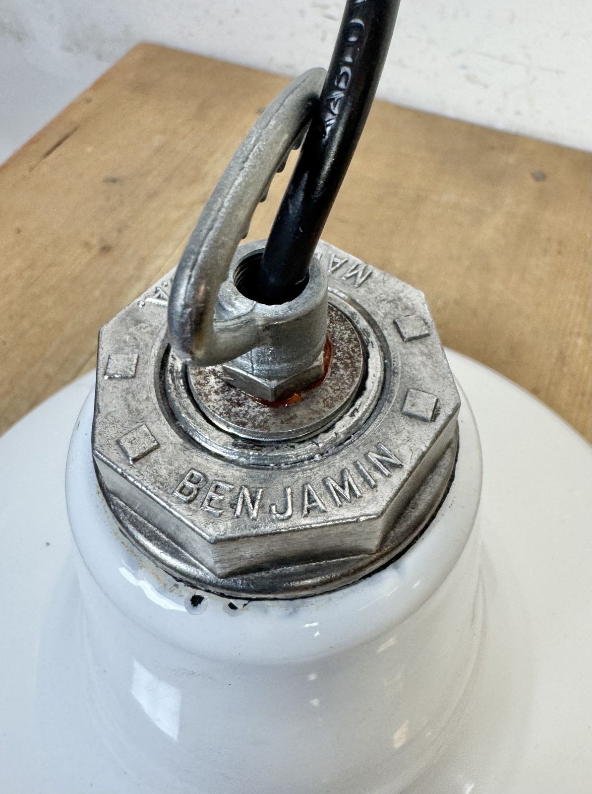 Industrial White Enamel Factory Pendant Lamp From Benjamin USA, 1960s, 2x photo 249.0