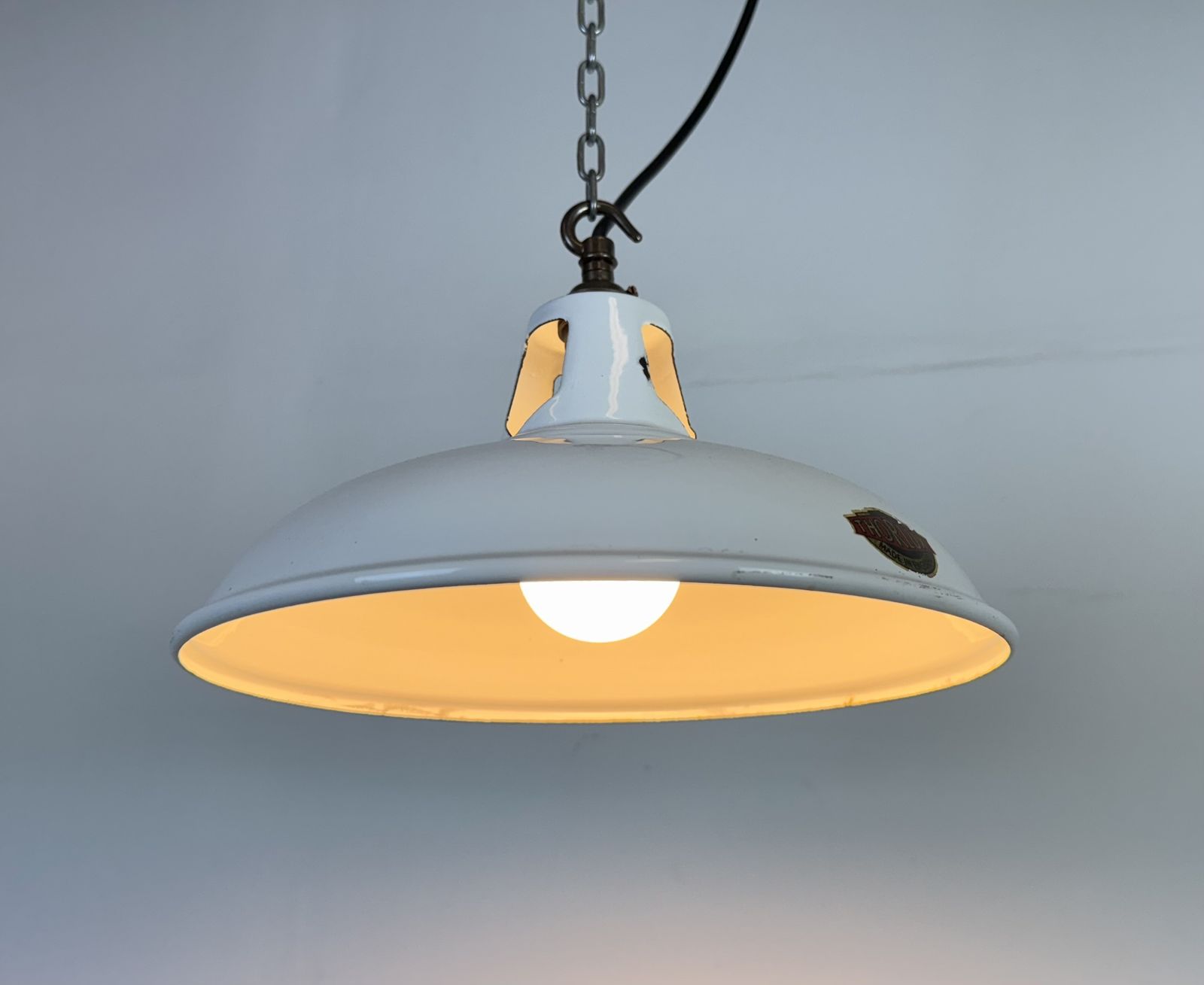 photo for sale Industrial White Enamel Factory Pendant Lamp From Thorlux, 1960s