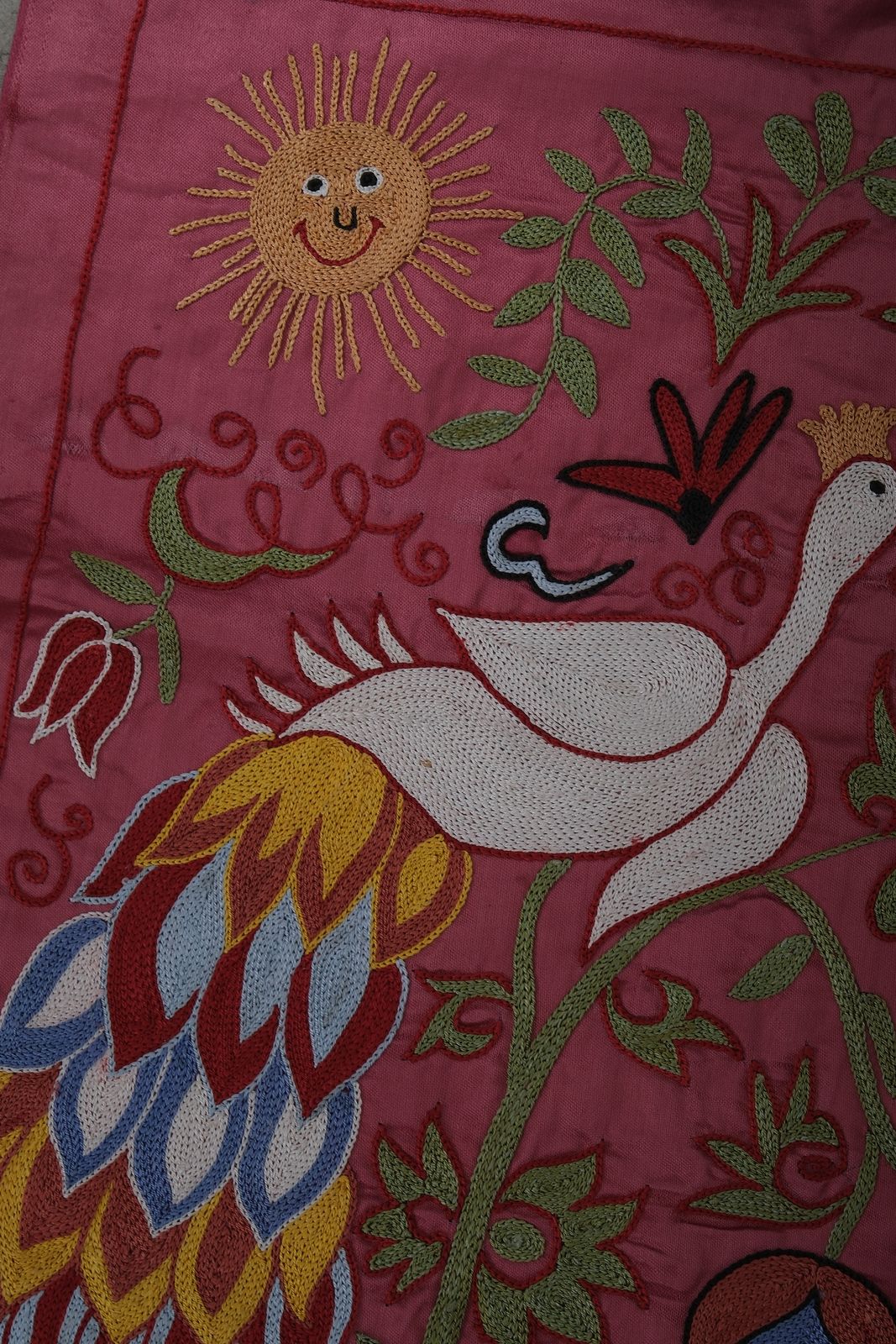 Peacock And Fish Suzani Wall Tapestry – Hand Embroidered Vibrant Red Animal Uzbek Textile 1'8'' X 6'2'' photo Textiles