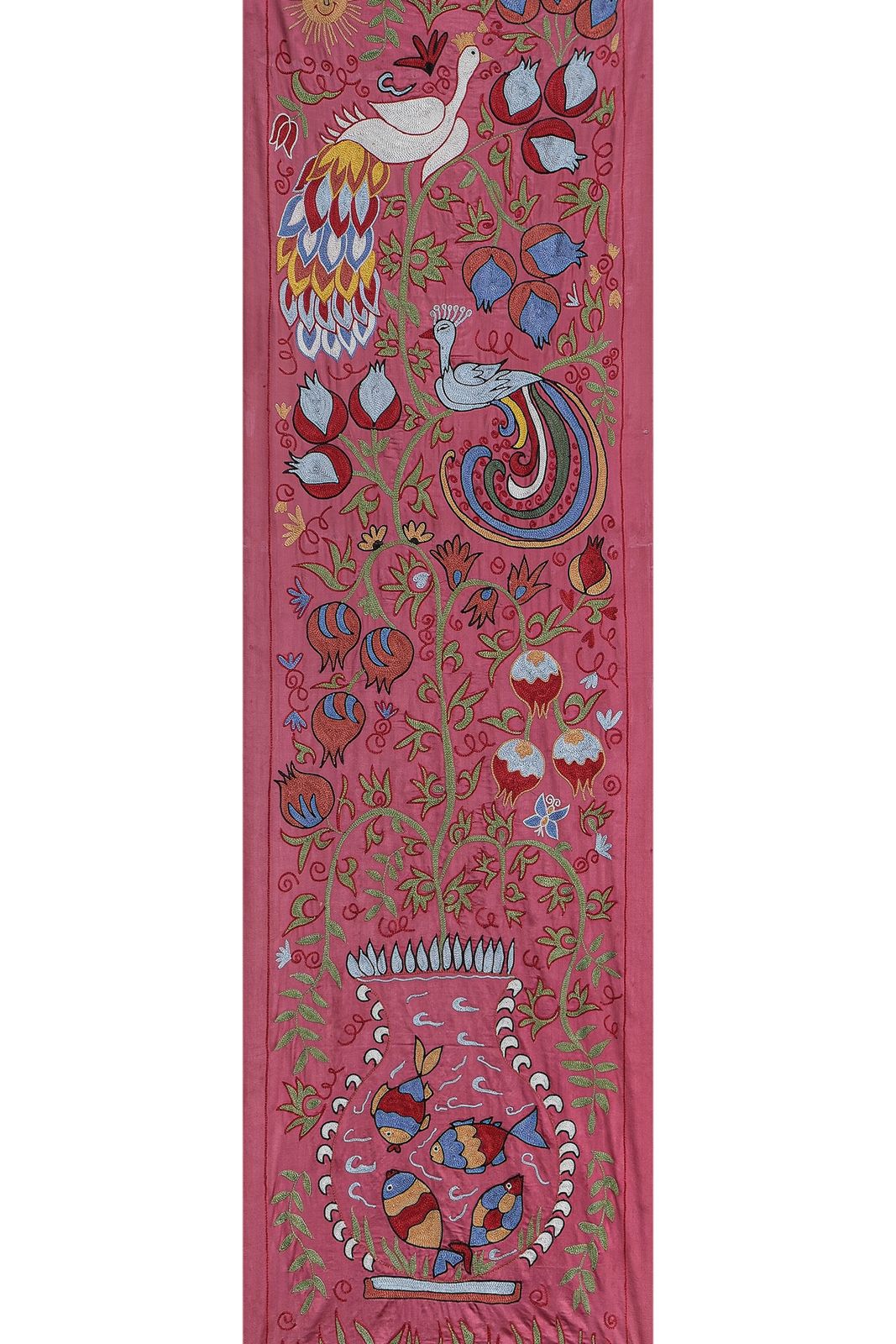 Peacock And Fish Suzani Wall Tapestry – Hand Embroidered Vibrant Red Animal Uzbek Textile 1'8'' X 6'2'' photo 200.0