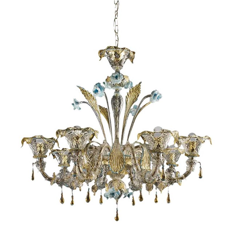 Contemporary Venetian Transparent Gold Murano Style Glass Chandelier With Leaves And Turquoise Flowers
