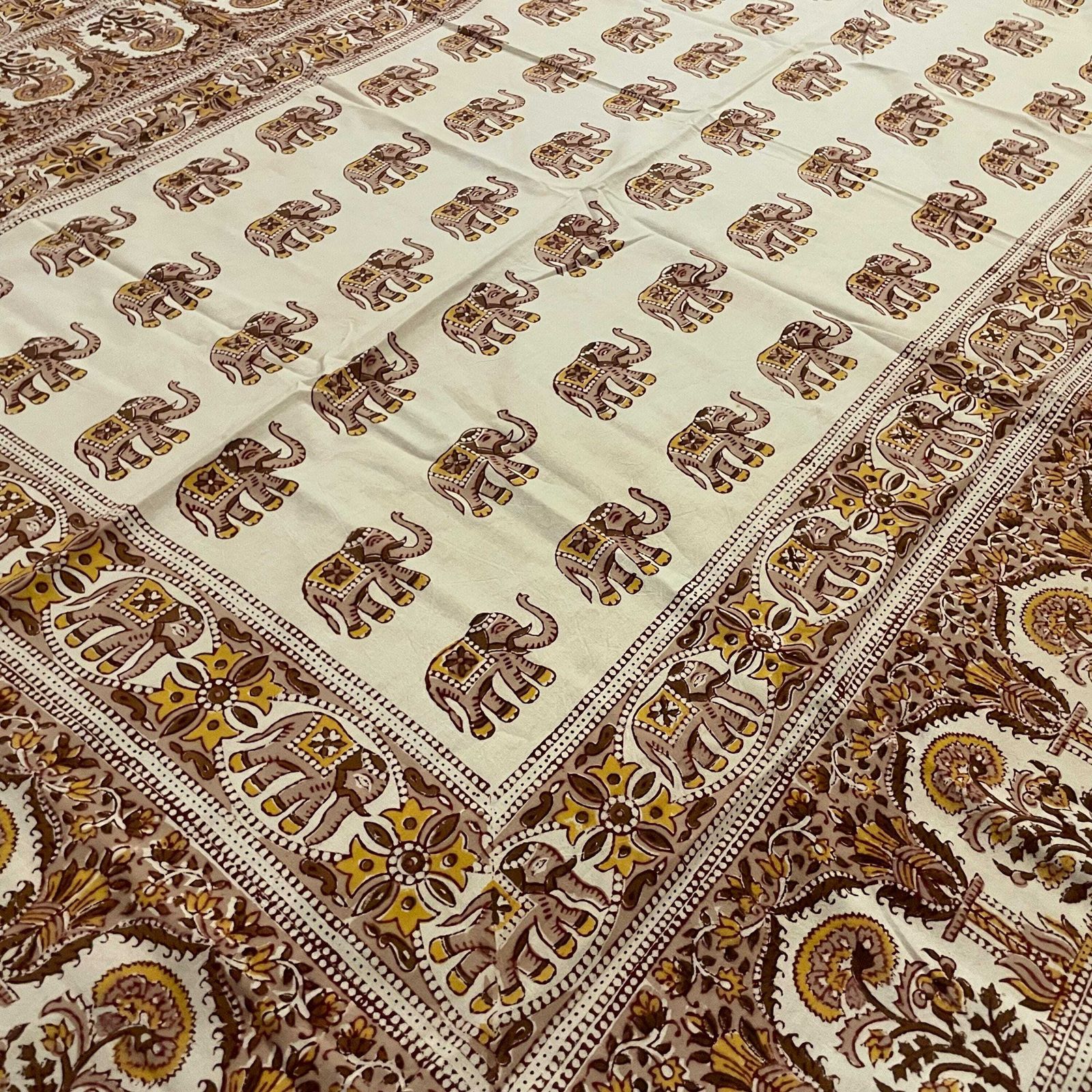 Hand Printed Indian Fabric 146x217cm Elephant Pattern Block Pink White Tapestry Cotton Handmade Craft Dress Making Traditional Cloth India