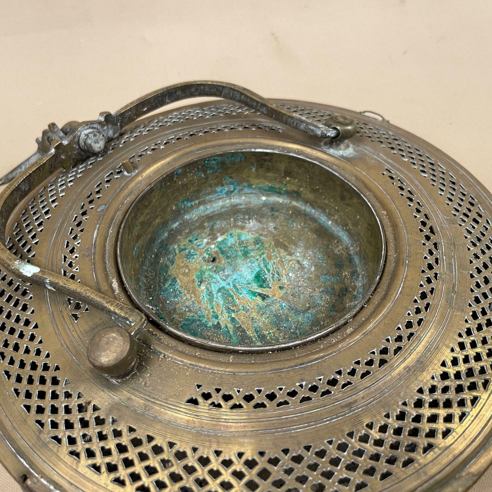 Two Antique Turkish Hanging Lanterns Metal Gold Brass Candle Holder Tea Light Candlestick Metal Work Pattern Handmade Traditional Round photo vinterior