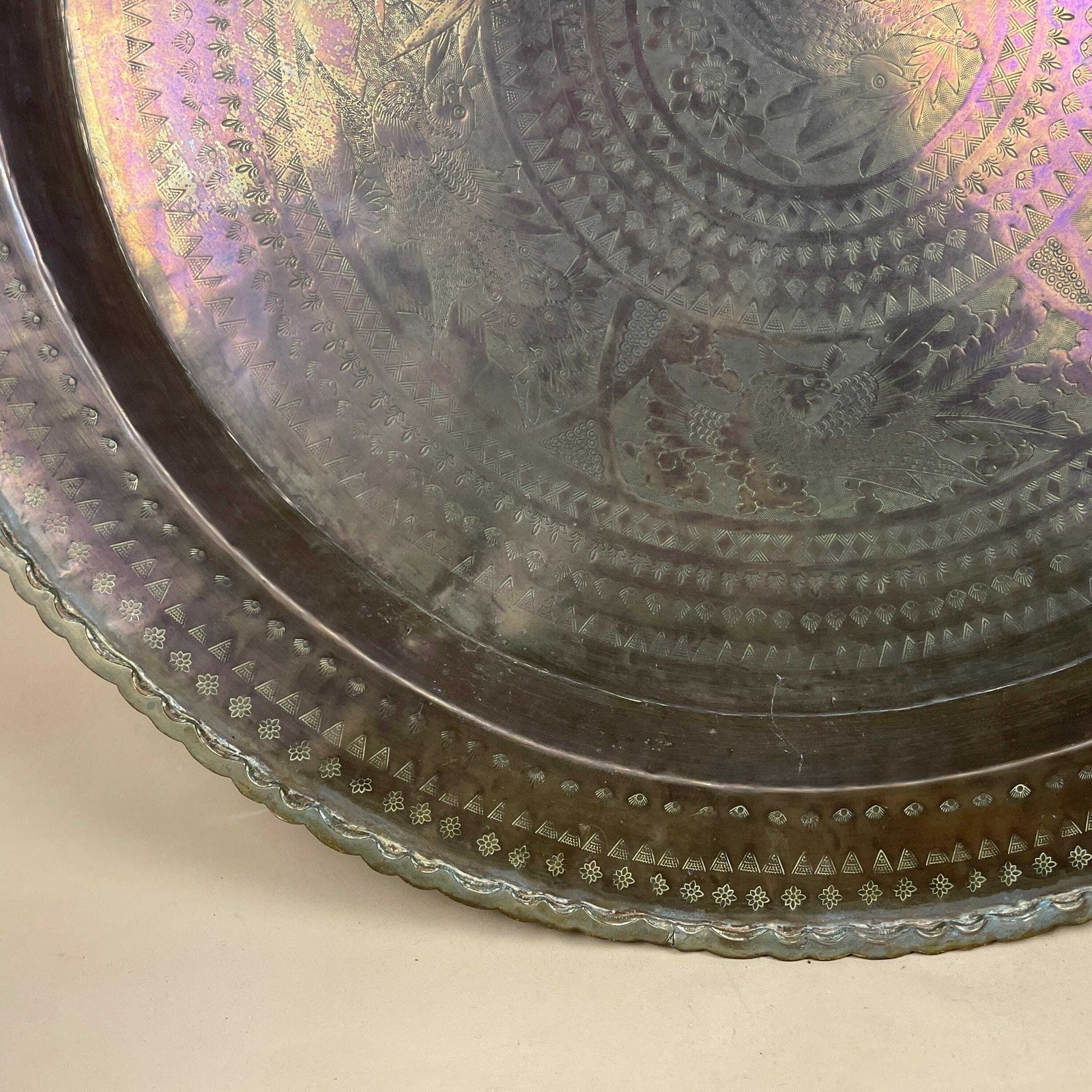 Antique Metal Gold Indian Patterned Brass Tray 65cm Plate Asian Handmade Etched Intricate Decorative Patterned Wall Art Round Vintage Animal photo for sale