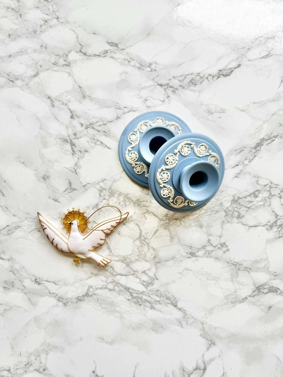 Pair Of Round Baby Blue Jasper Ware Candlesticks With Raise Decoration Of White Antique Pattern Wedgwood