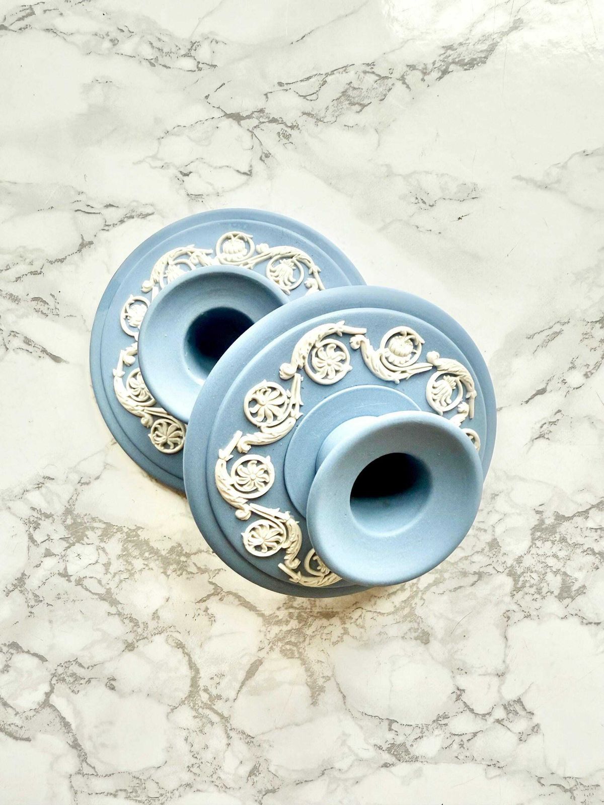 Pair Of Round Baby Blue Jasper Ware Candlesticks With Raise Decoration Of White Antique Pattern Wedgwood photo furniture