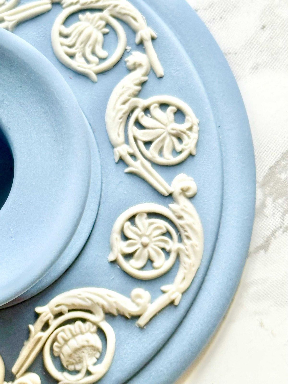 Pair Of Round Baby Blue Jasper Ware Candlesticks With Raise Decoration Of White Antique Pattern Wedgwood photo 60.0