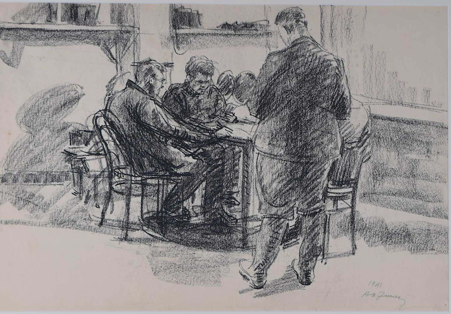 Hubert Finney, Soldiers Waiting, Charcoal By Hubert Finney