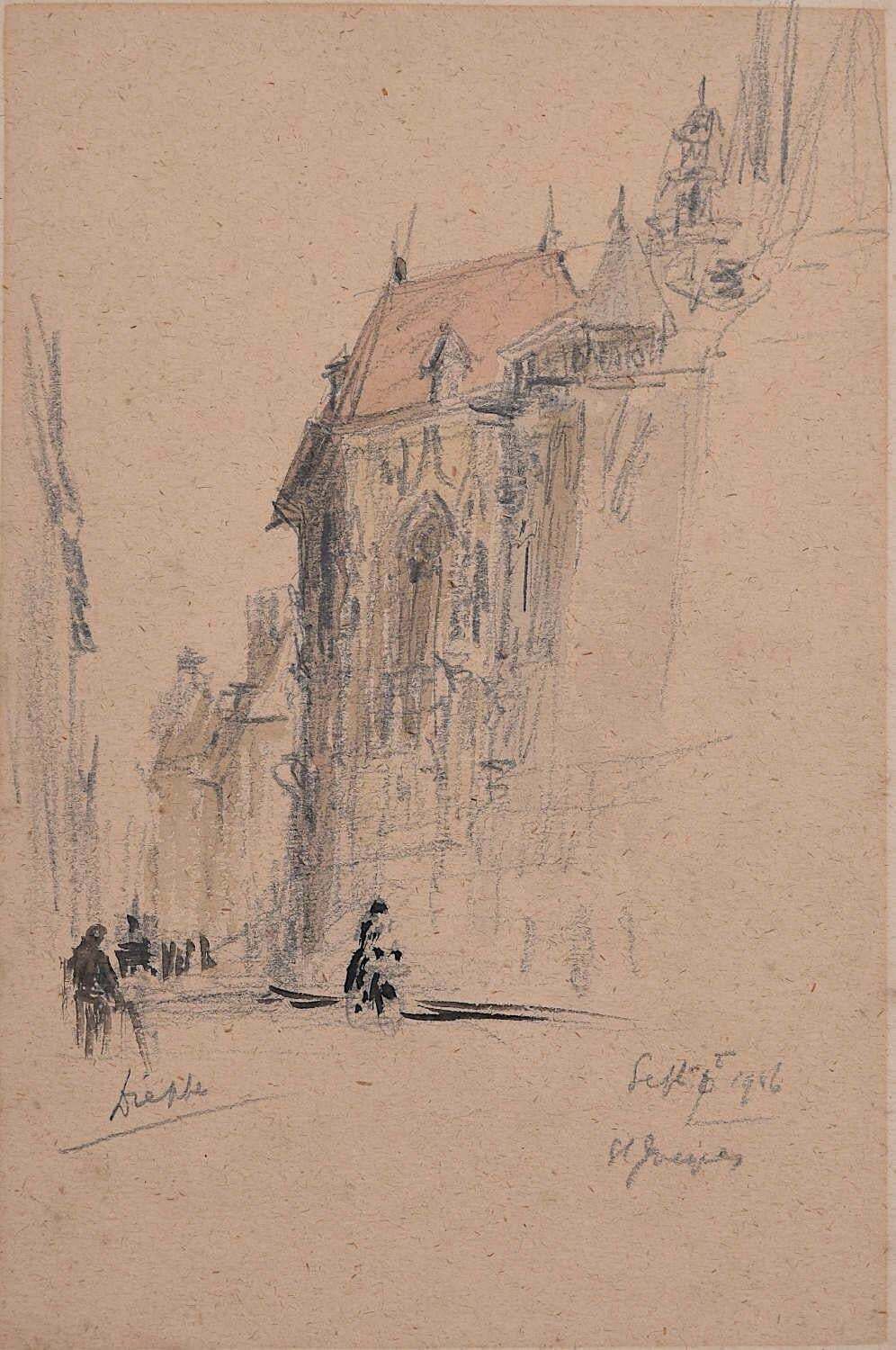 Watercolour Of Dieppe Cathedral By Sir Albert Richardson Pra 1956