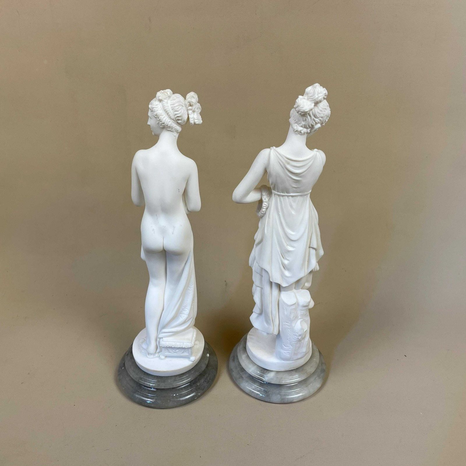 2 A Giannelli Statues Lady Women 1972 Stone Ornament Sculpture Marble Base Italian Decorative Hand Carved White Vintage Art Object Lady photo for sale