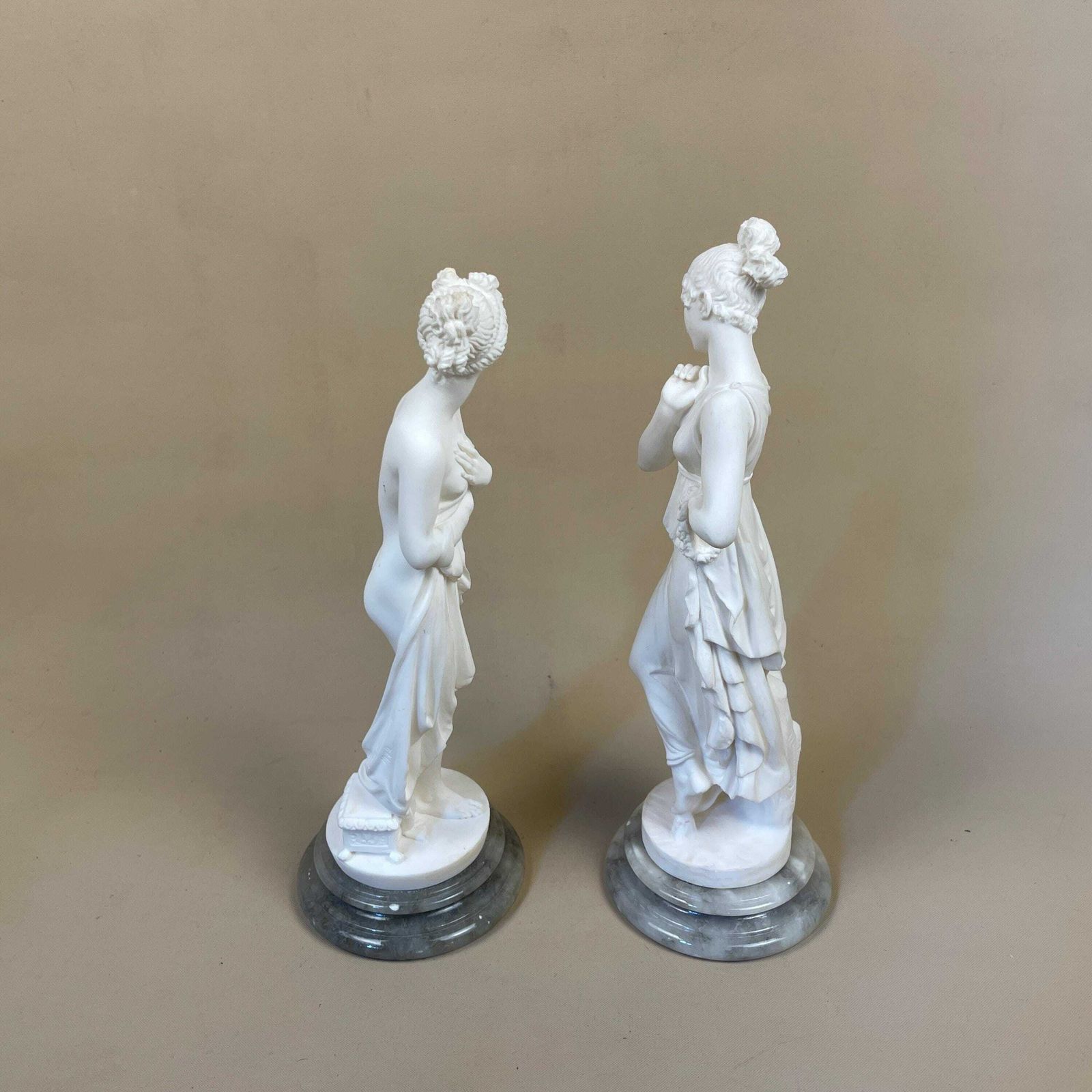 2 A Giannelli Statues Lady Women 1972 Stone Ornament Sculpture Marble Base Italian Decorative Hand Carved White Vintage Art Object Lady photo vinterior