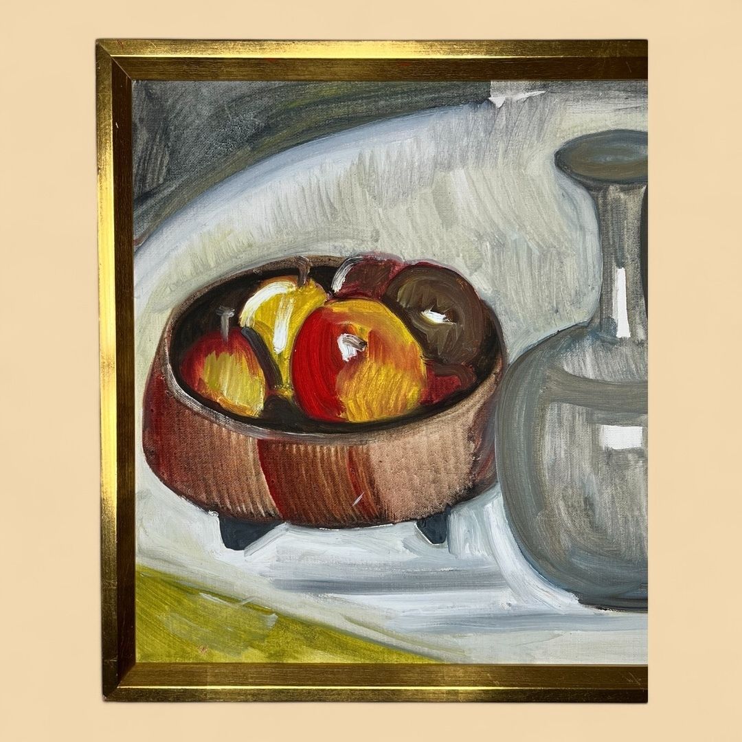 Apples And Bottle, Oil On Canvas Still Life Painting photo furniture