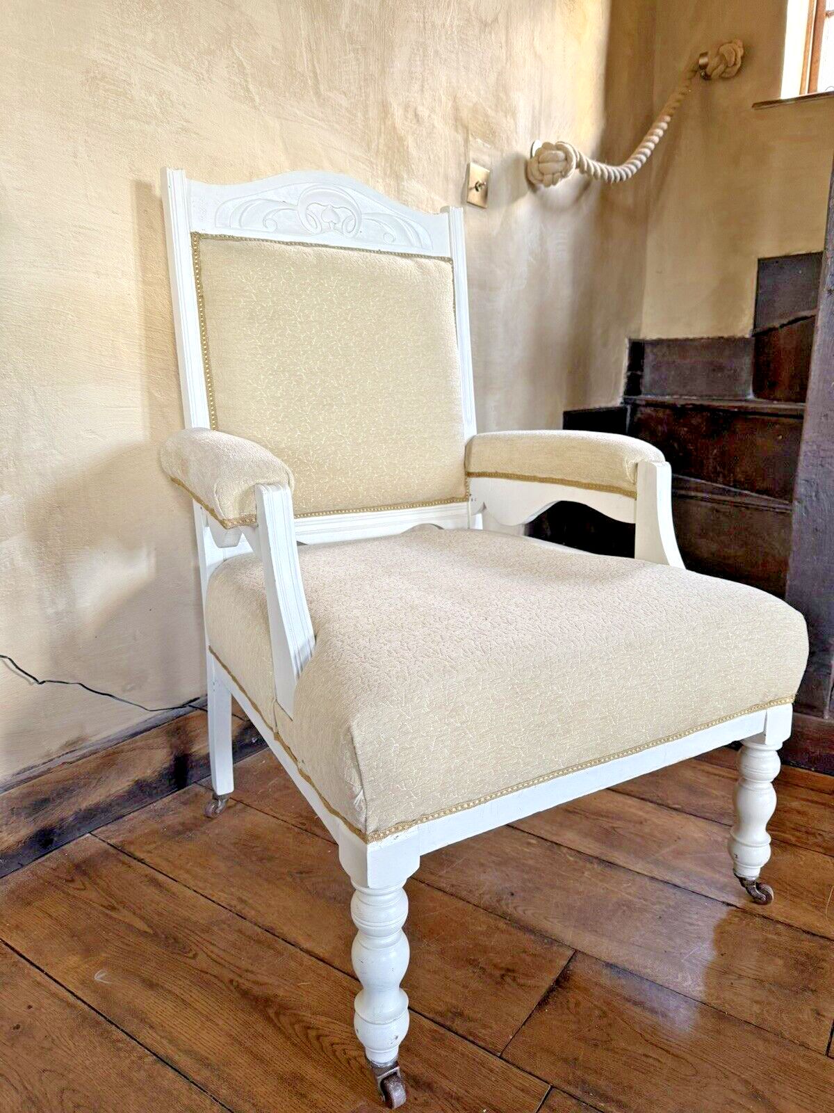 Antique Victorian White & Pale Gold  Unholstered Armchair Chair Circa 1800's