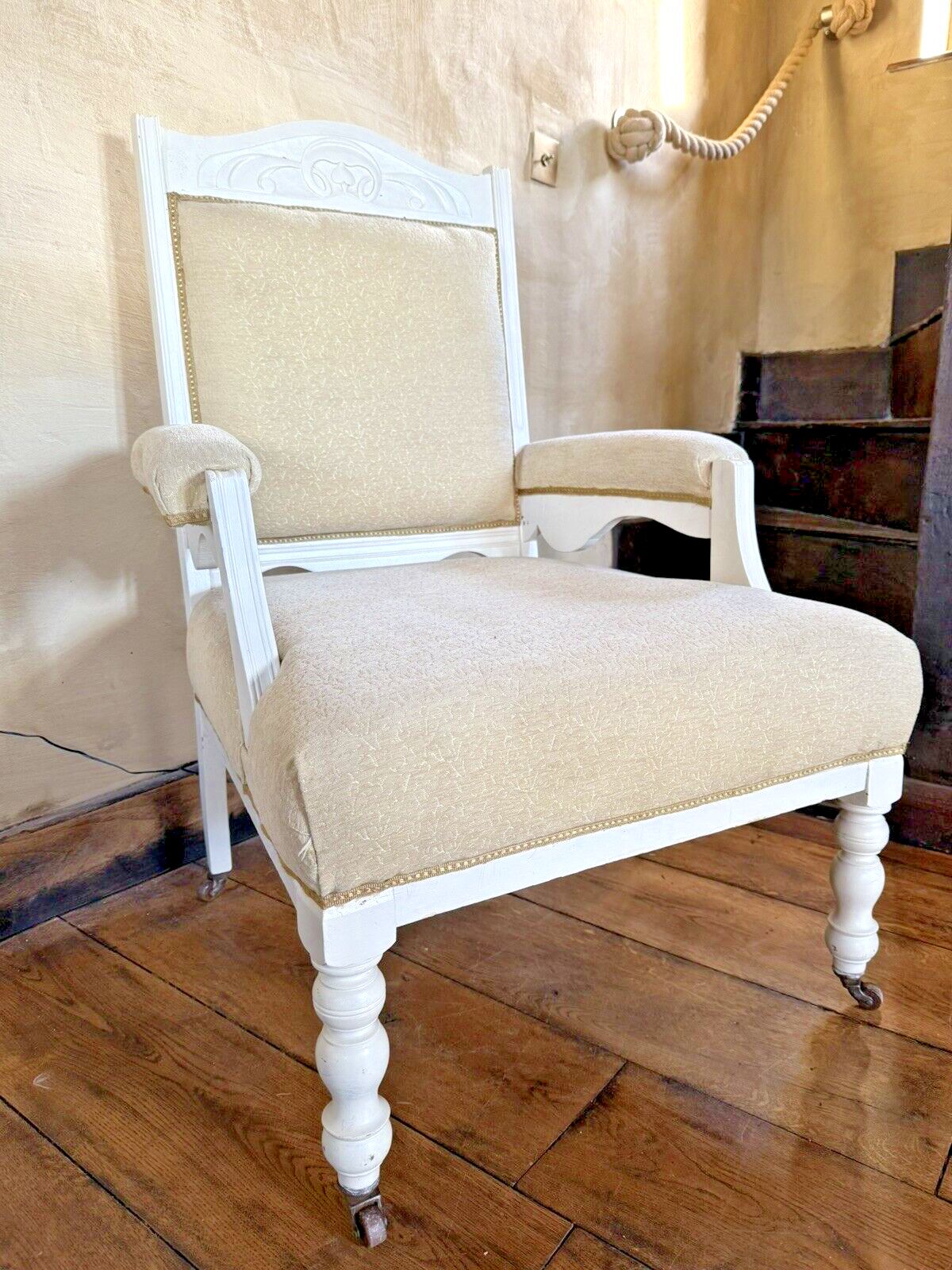 Antique Victorian White & Pale Gold  Unholstered Armchair Chair Circa 1800's photo for sale