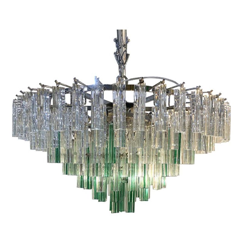 Vintage Green “Quadriedro” And Clear Triedro Murano Style Glass Chandelier