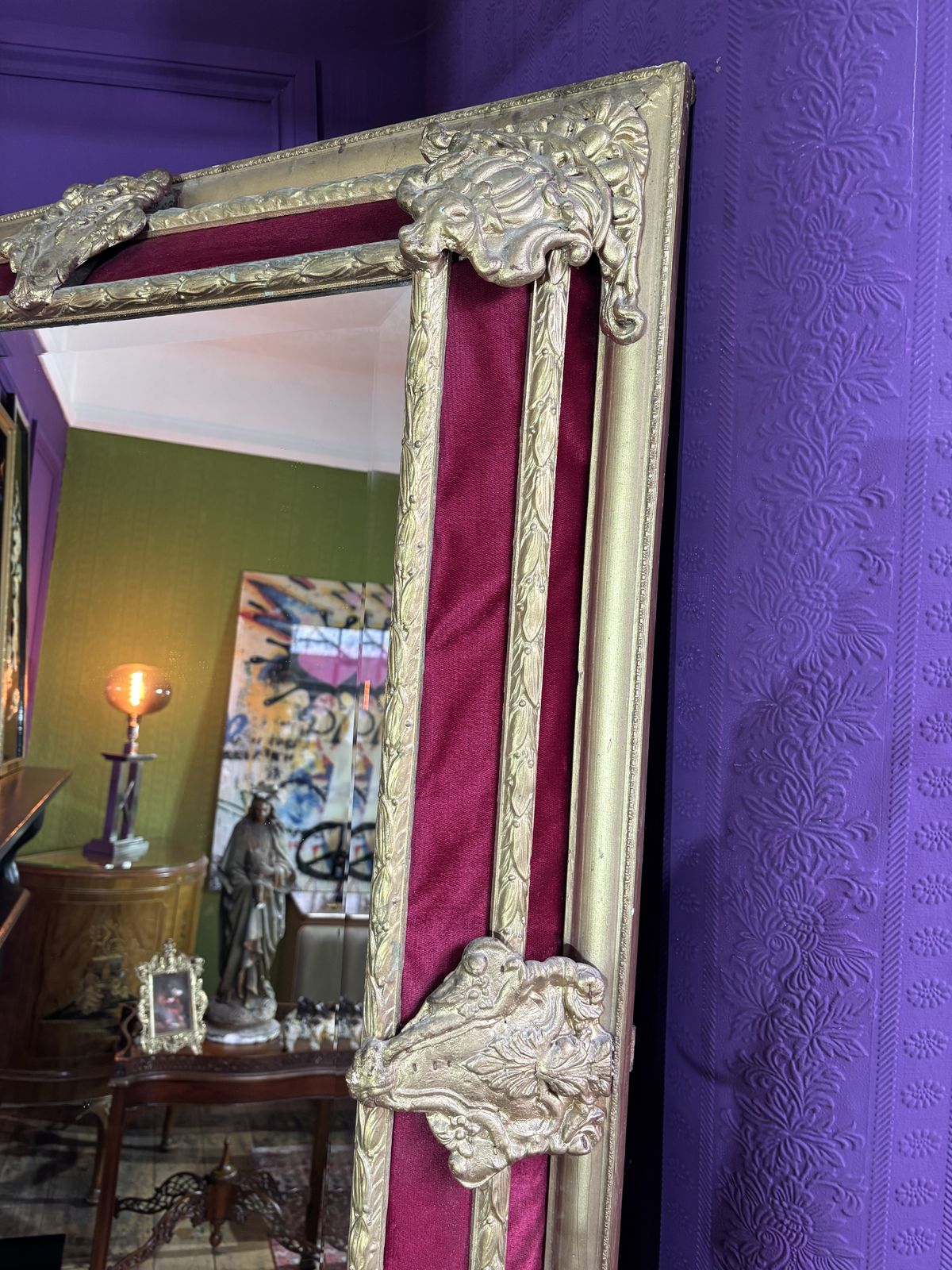 Large Gilt And Red Velvet Framed Beveled Edge French Mirror photo for sale