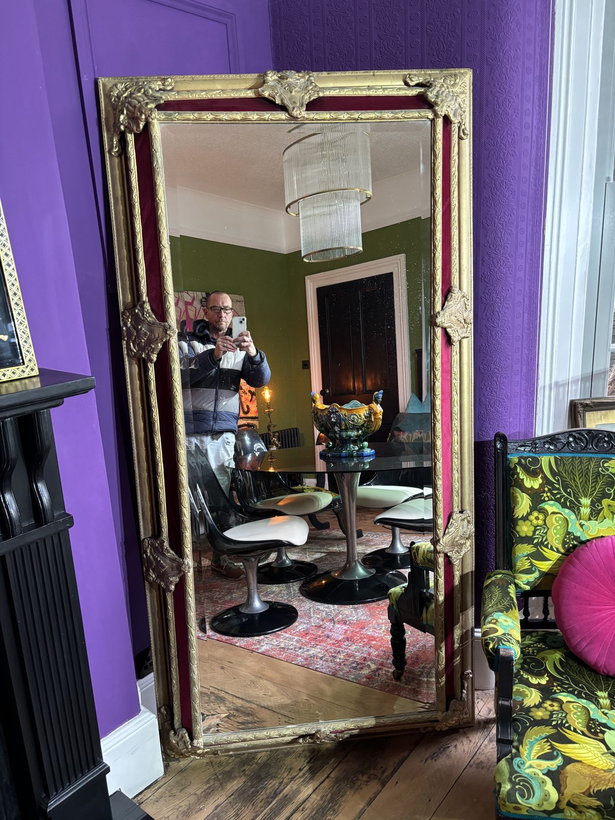 Large Gilt And Red Velvet Framed Beveled Edge French Mirror photo vinterior
