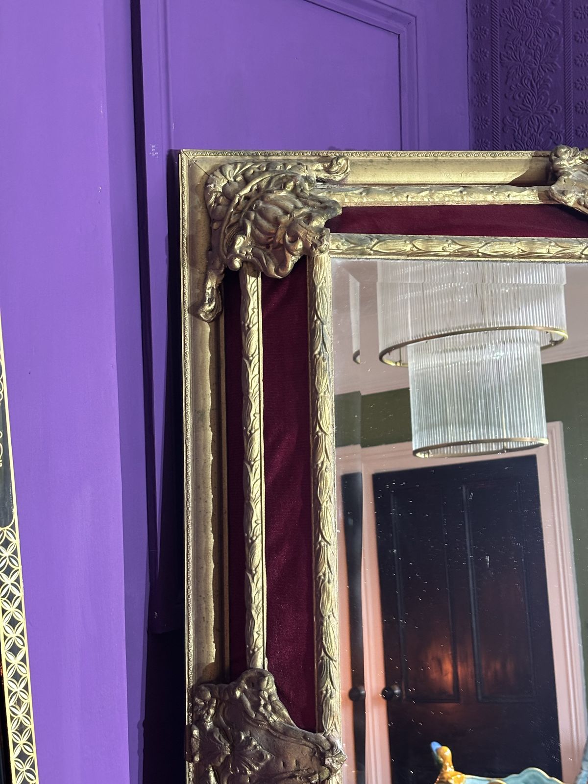 Large Gilt And Red Velvet Framed Beveled Edge French Mirror photo vintage