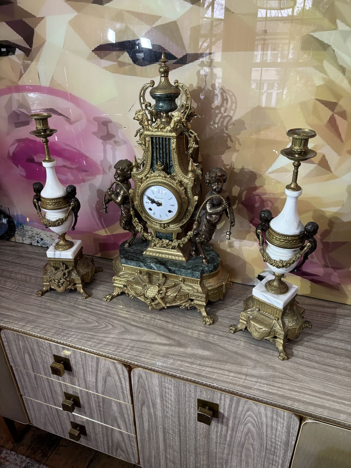 Pair Of Marble And Brass Clock Garnitures With Cherubs photo vinterior