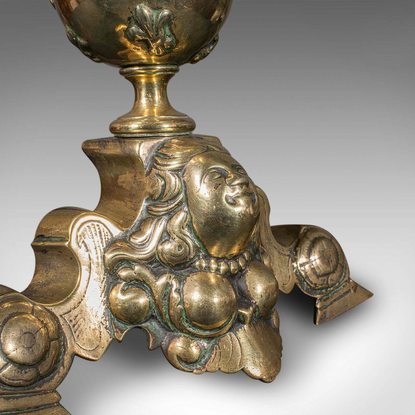 photo for sale Pair Of Antique Fireside Andirons, French Brass, Chenet, Firedog, Georgian, 1750