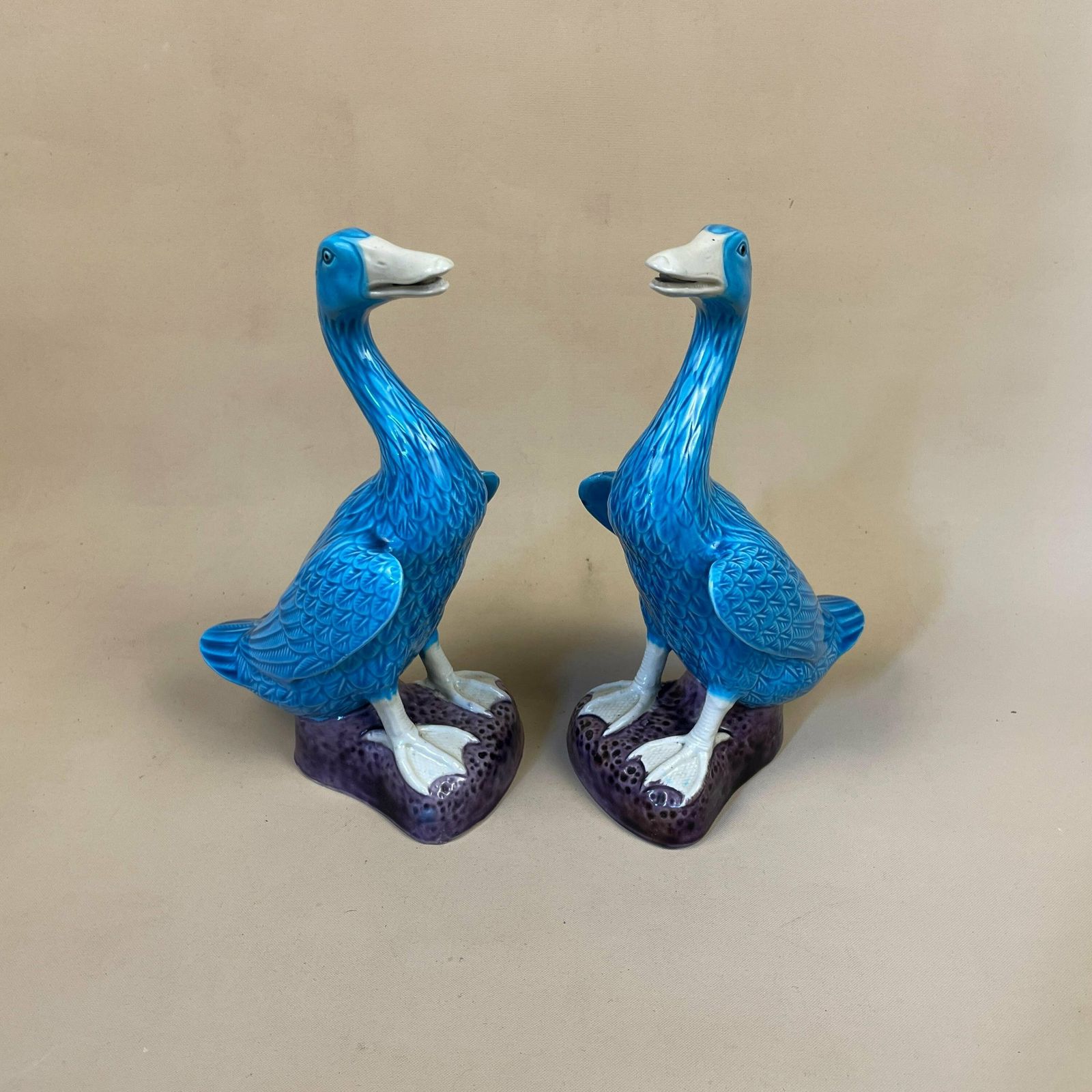 Ceramic Oriental Chinese Ducks Ornament Statue Mantle Piece Porcelain Sculpture Statue Ornament Vintage Mid Century Antique Blue Purple Bird