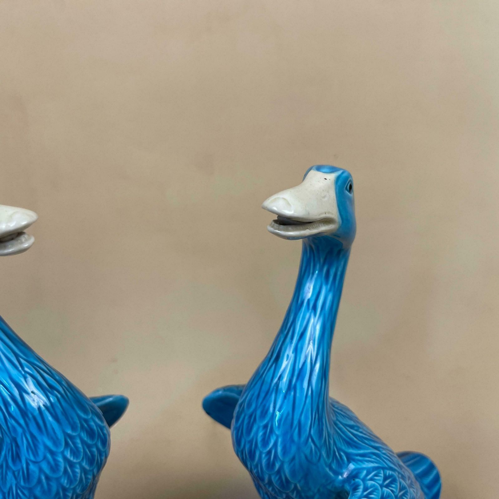 Ceramic Oriental Chinese Ducks Ornament Statue Mantle Piece Porcelain Sculpture Statue Ornament Vintage Mid Century Antique Blue Purple Bird photo 95.0