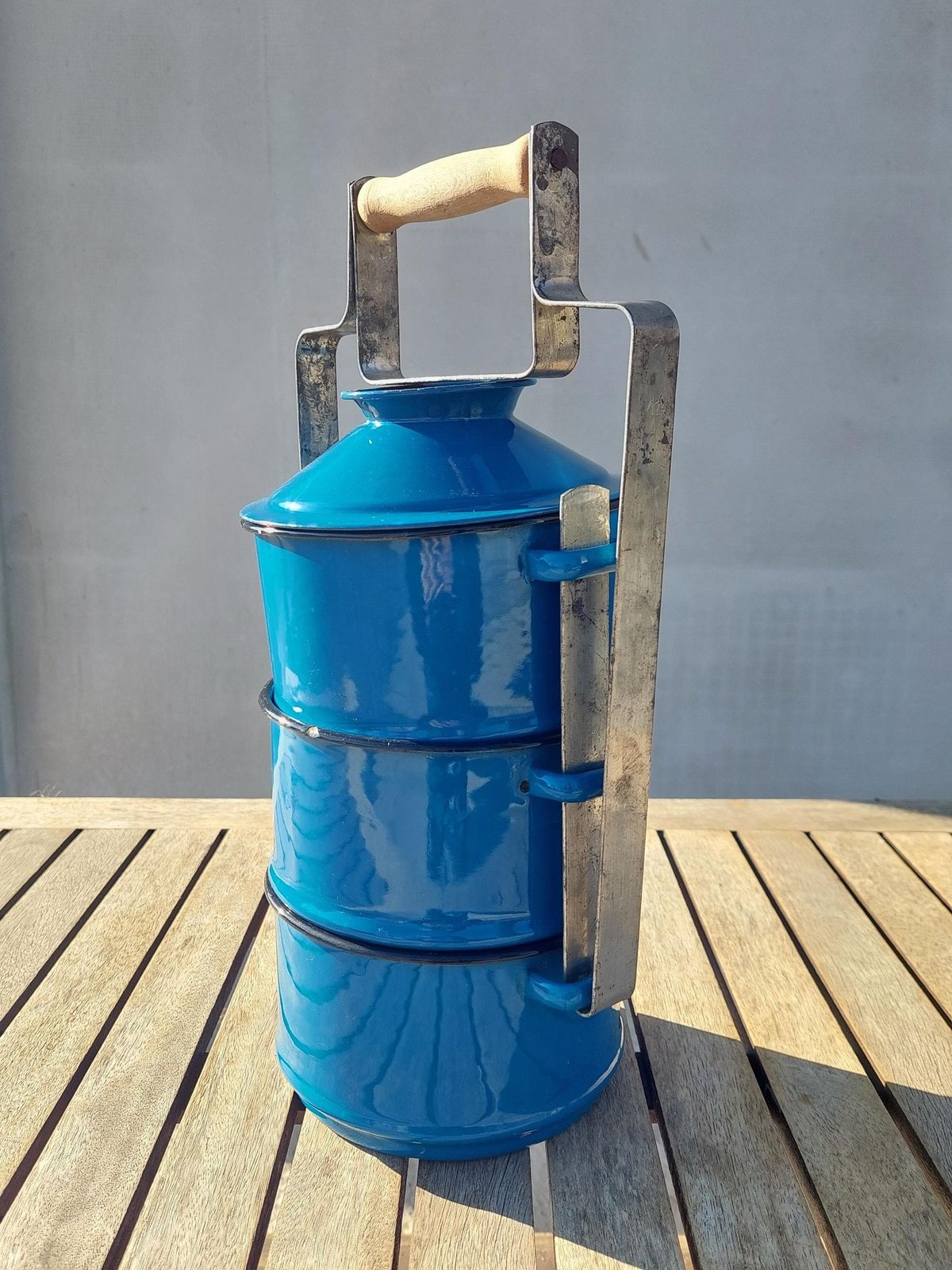 Retro Enamel Lunch Box / Three Tier Tiffin Lunch Box / Food Carrier / Lunch Pail / Enamel Food Carrier /Mcm Lunch Pail /Emo Yugoslavia /70's photo for sale