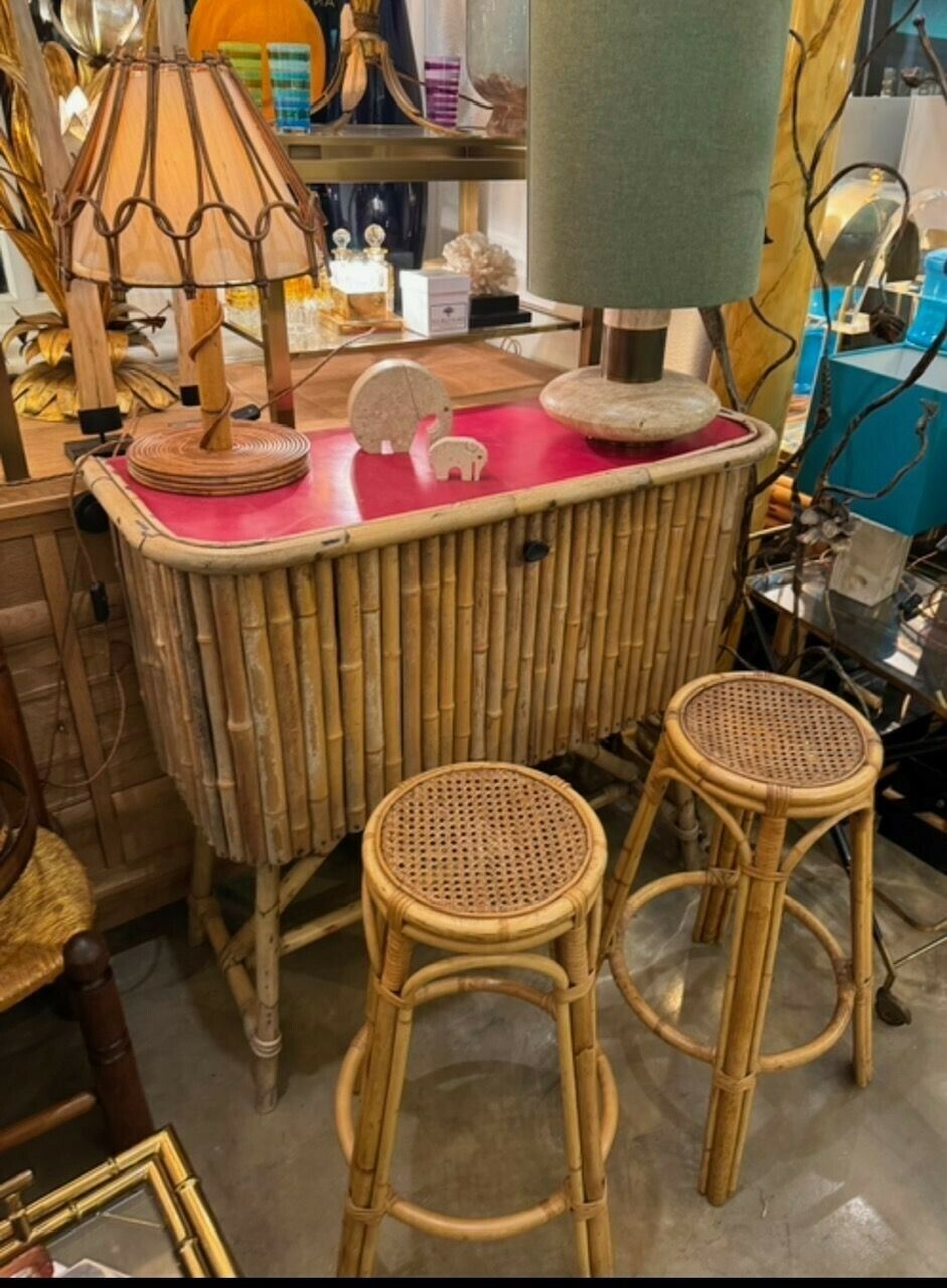 An Italian 1960s Bamboo Bar Cabinet With Red Laminate Top And Two Stools photo for sale