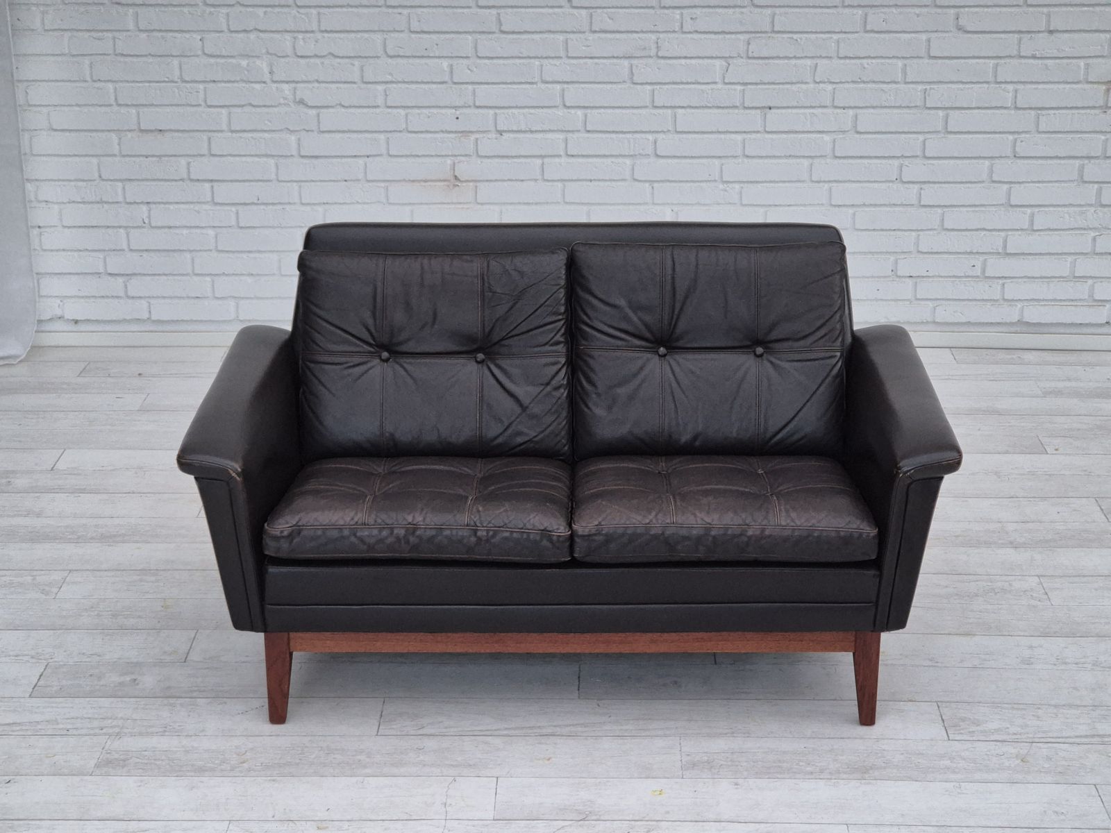 1970s, Danish 2 Seater Sofa, Original Condition, Furniture Leather, Solid Teak Wood. photo furniture