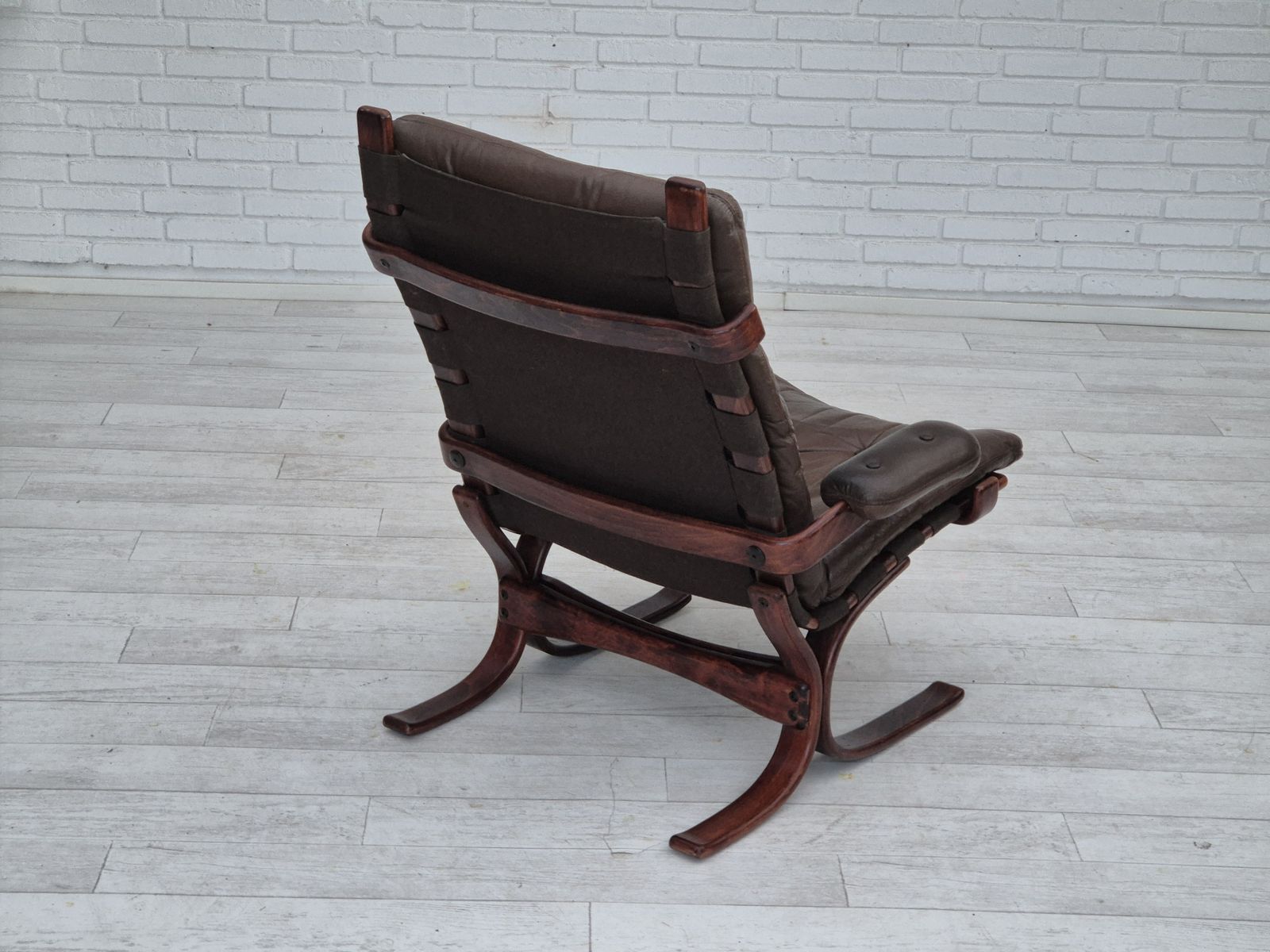 photo for sale 1970s, Scandinavian Armchair, Original Condition, Furniture Leather, Bent Wood, Canvas.