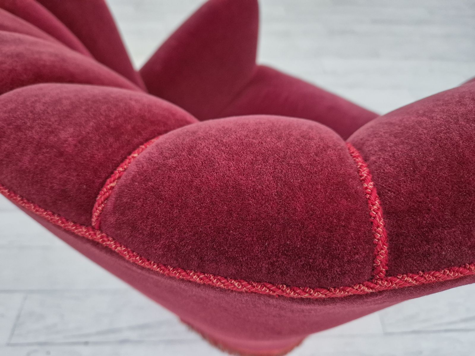 1960s, Danish Armchair, Original Condition, Cherry Red Furniture Velour. photo vinterior