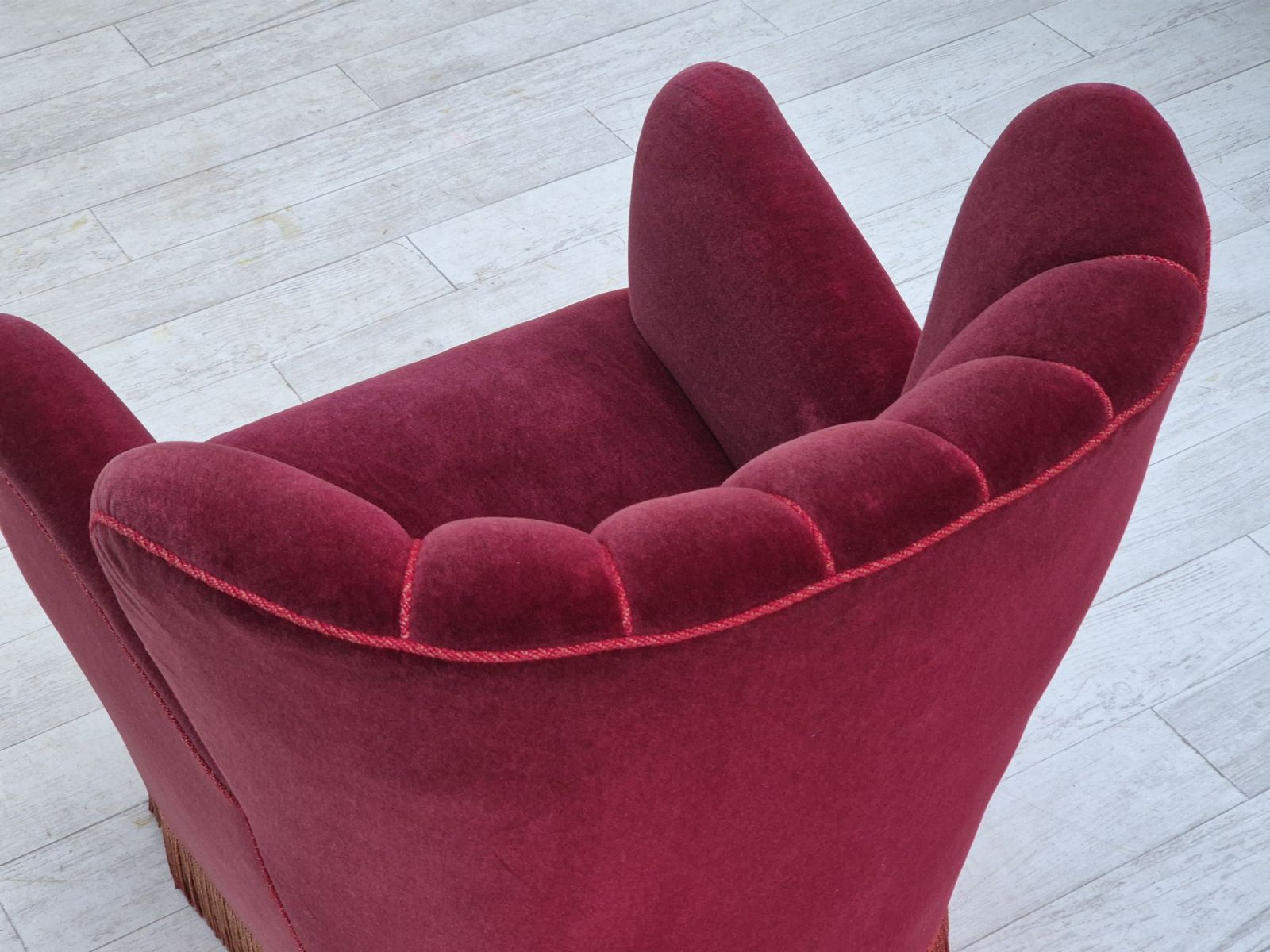 photo furniture 1960s, Danish Armchair, Original Condition, Cherry Red Furniture Velour.