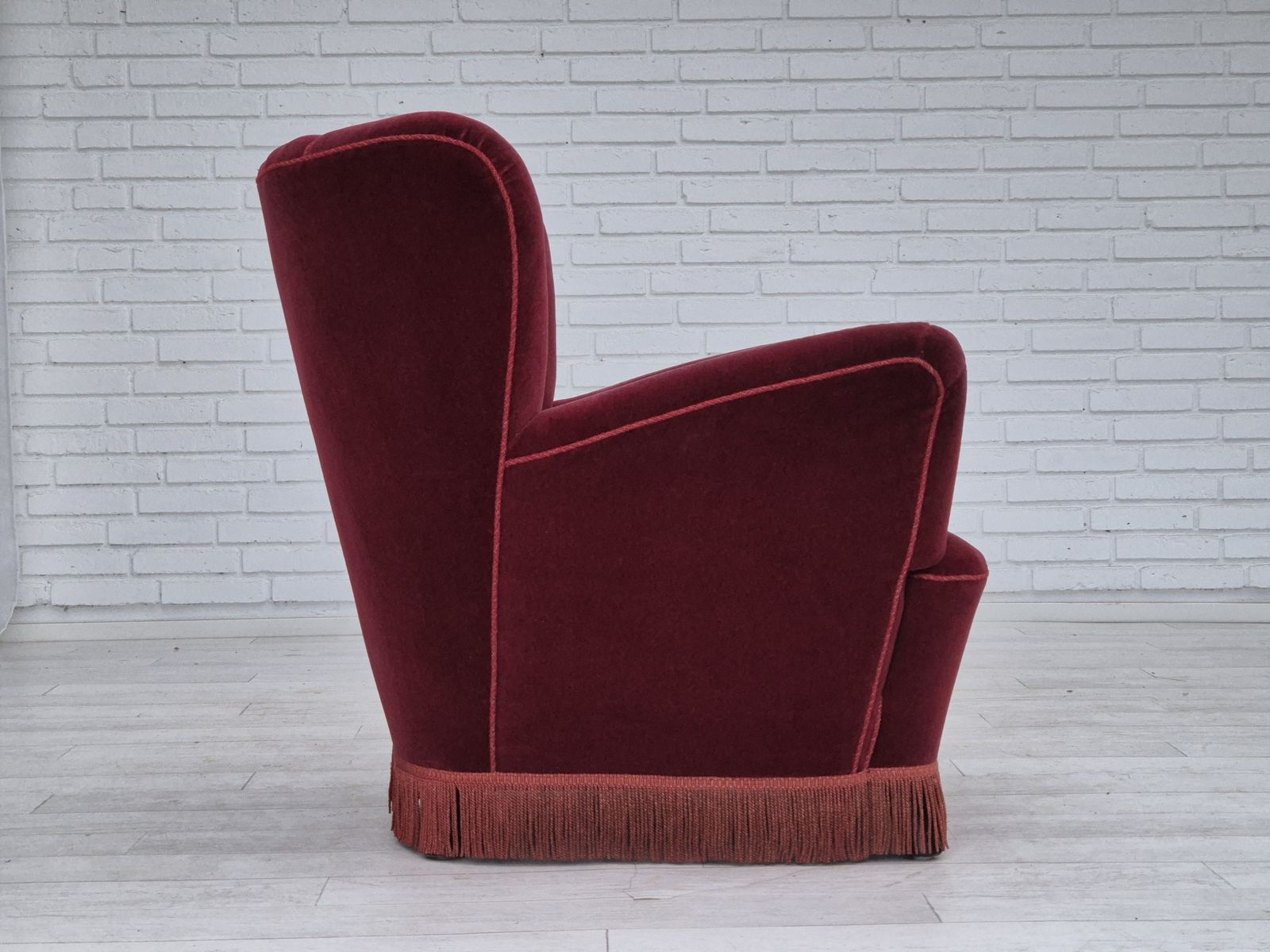 1550.0 1960s, Danish Armchair, Original Condition, Cherry Red Furniture Velour. photo