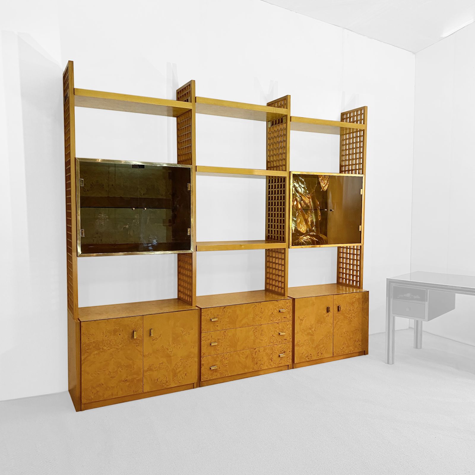 Gianluigi Gorgoni 1970s Brass Burl Wood Glass Display Cabinet Shelving Rizzo Gold Fratelli Turi photo 11850.0