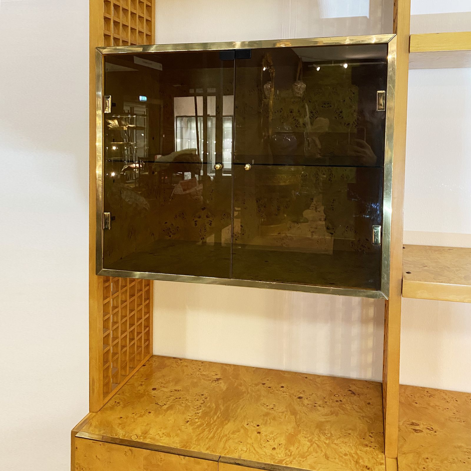 photo for sale Gianluigi Gorgoni 1970s Brass Burl Wood Glass Display Cabinet Shelving Rizzo Gold Fratelli Turi