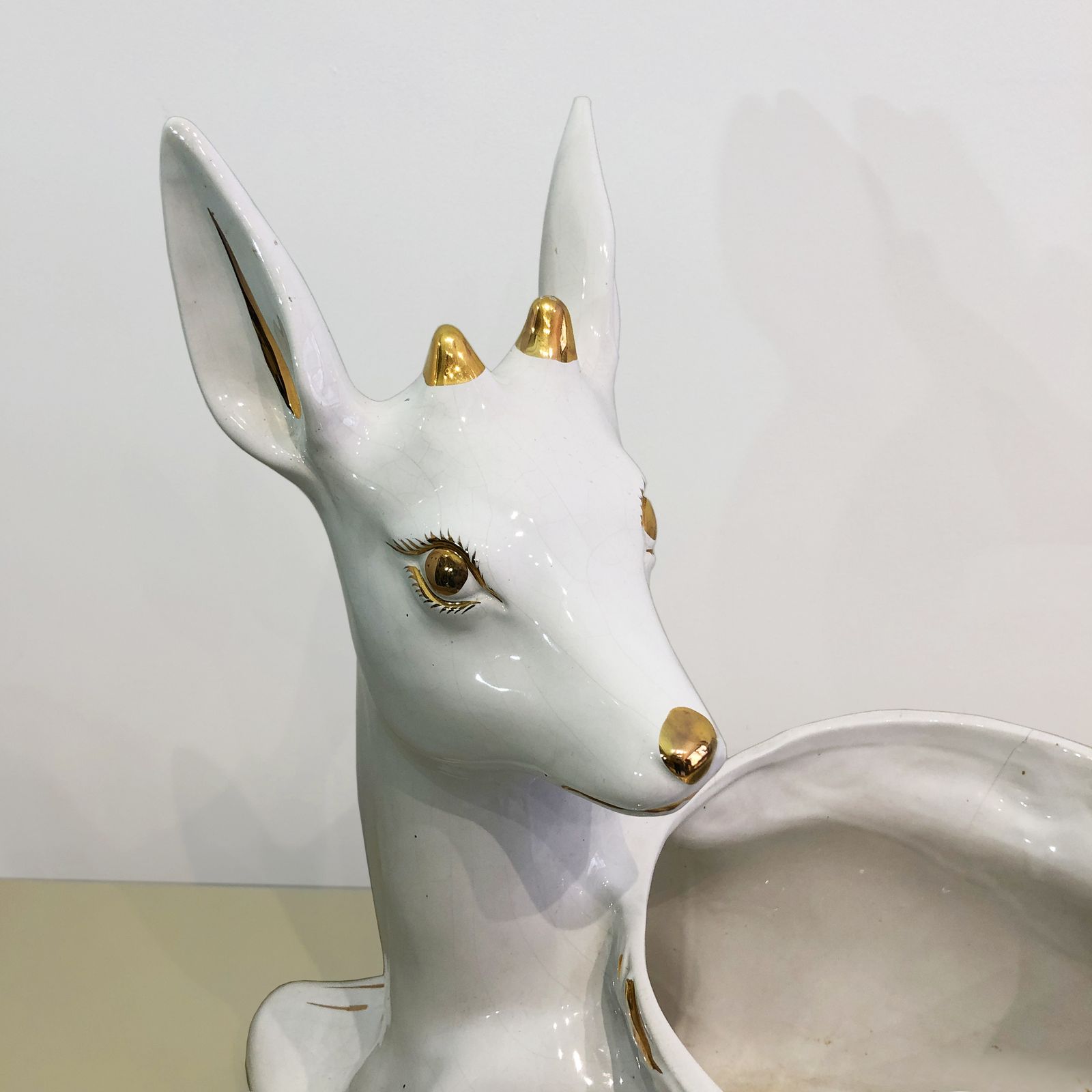 1980s Ceramic Planter Flower Pot Antica Athena Deer Faun White 24k Gold Italian Plant photo furniture