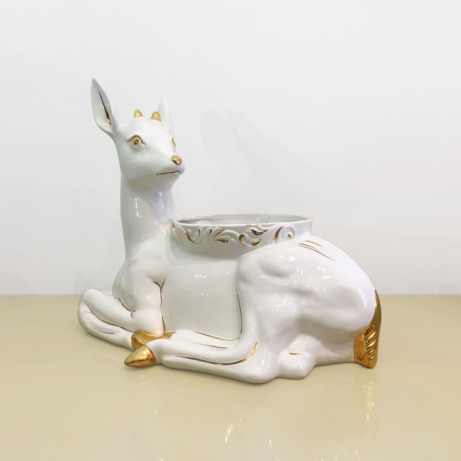 1980s Ceramic Planter Flower Pot Antica Athena Deer Faun White 24k Gold Italian Plant photo for sale