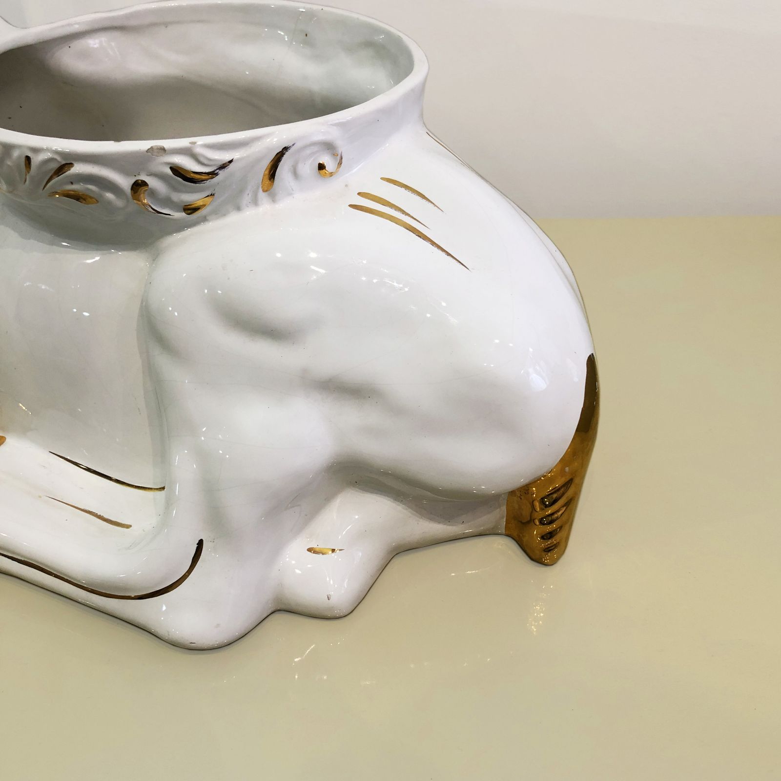 1980s Ceramic Planter Flower Pot Antica Athena Deer Faun White 24k Gold Italian Plant photo 650.0