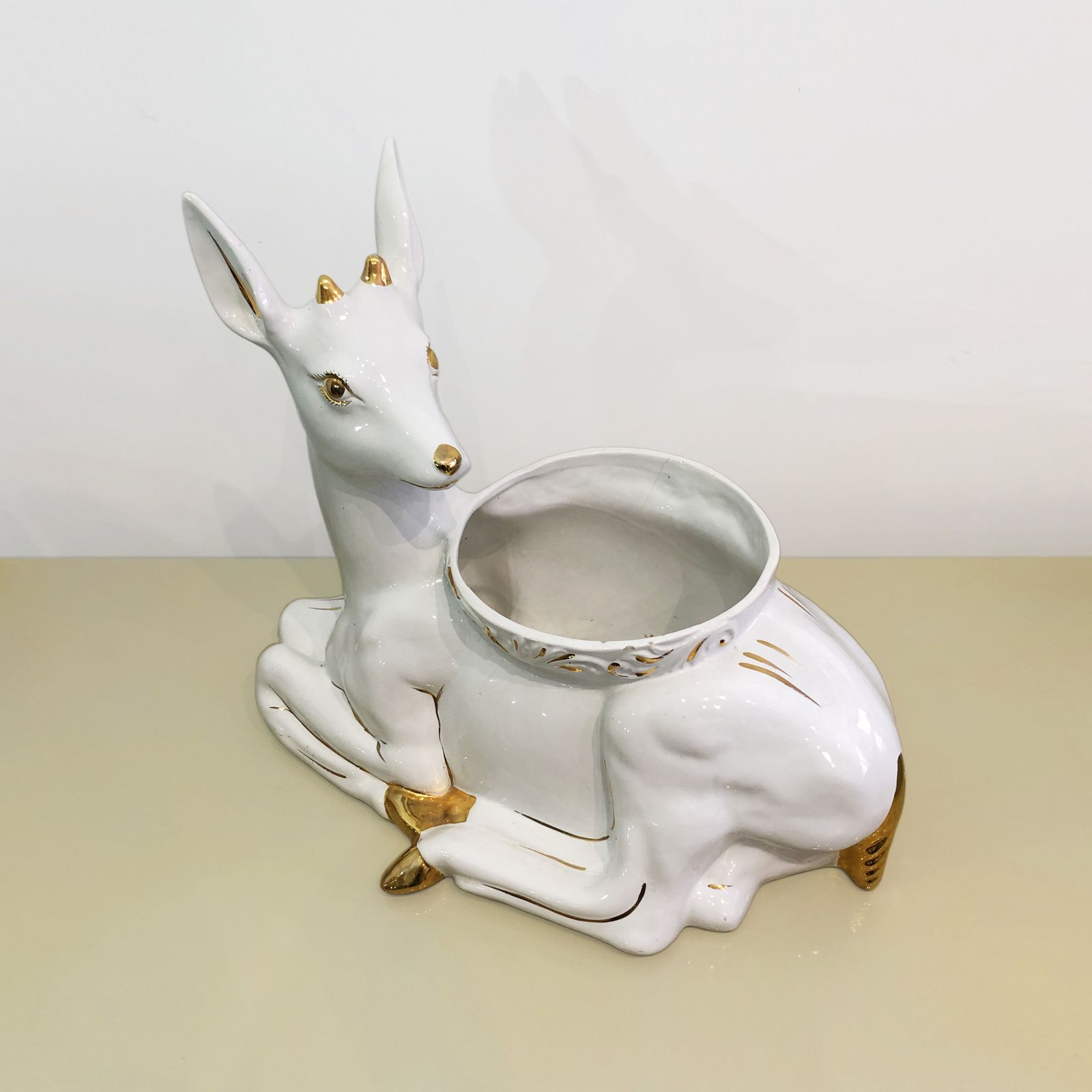 1980s Ceramic Planter Flower Pot Antica Athena Deer Faun White 24k Gold Italian Plant photo vinterior