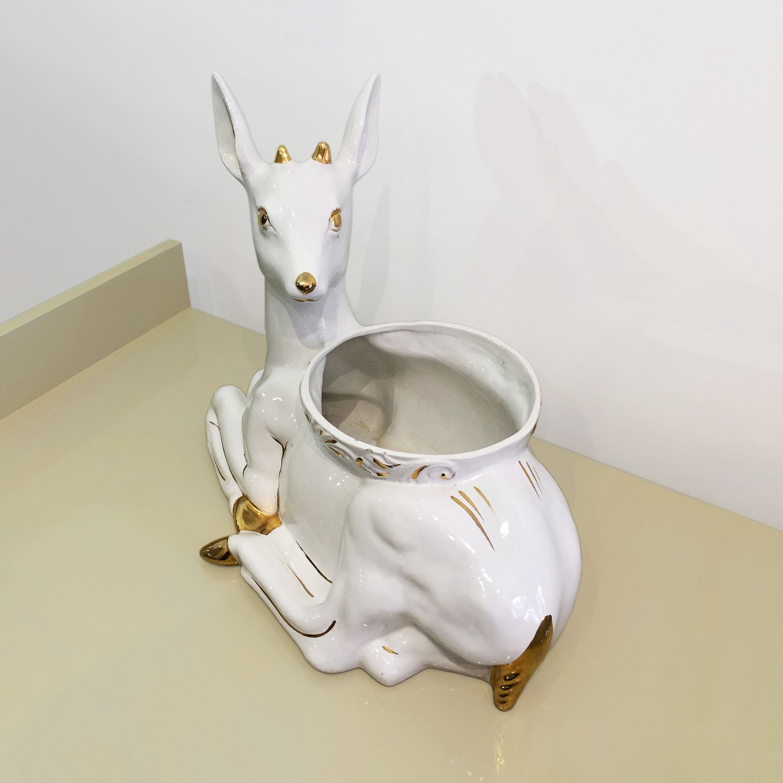 photo furniture 1980s Ceramic Planter Flower Pot Antica Athena Deer Faun White 24k Gold Italian Plant