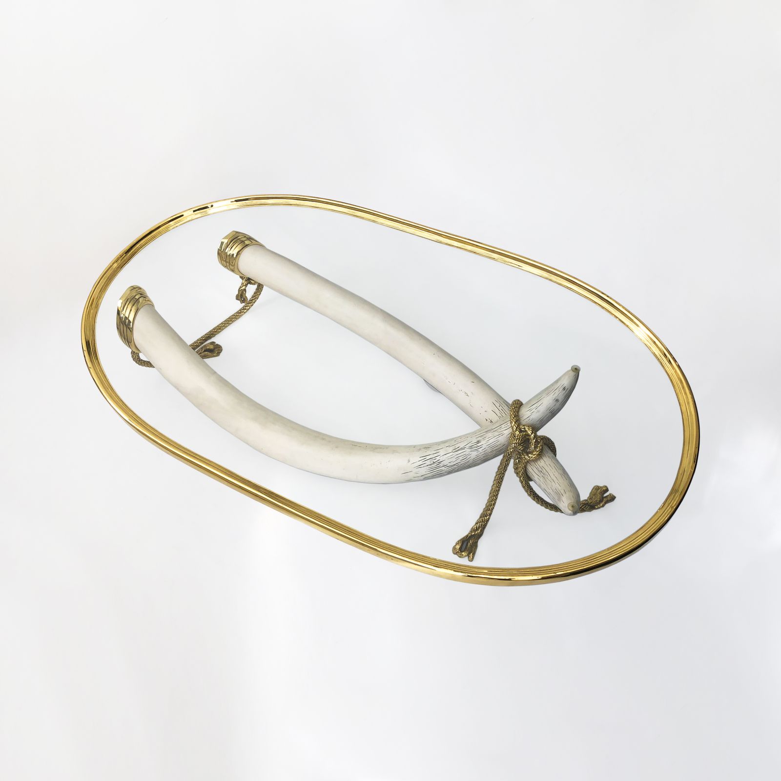 Furniture Xl Valenti Faux Tusk Coffee Table Spanish 1970s Hollywood Regency Midcentury Glass Brass Gold photo