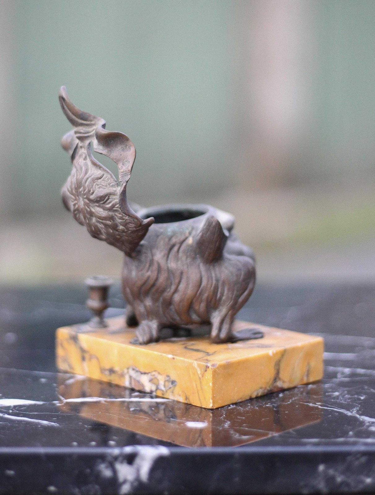 Satirical Bronze Inkwell, Bronze Inkwell On Marble, Antique Anthropomorphic, Collection, Inkwell photo Home Decor