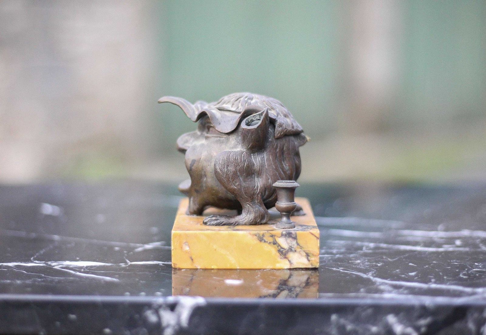 Satirical Bronze Inkwell, Bronze Inkwell On Marble, Antique Anthropomorphic, Collection, Inkwell photo vinterior