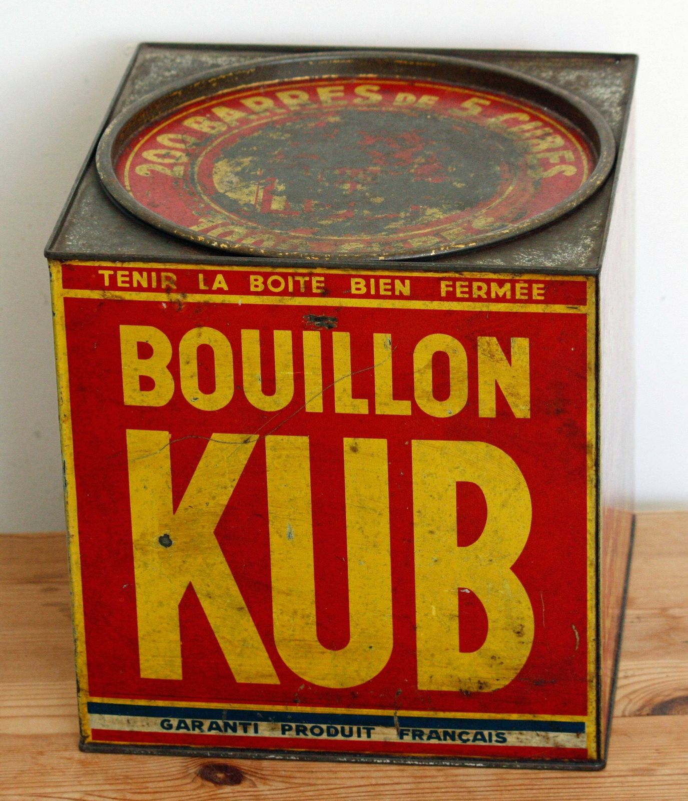 Kub Bouillon Tin   Vintage Large 23cm Metal Retro French Country Kitchen Utensil Holder Flower Planter Off The Wall Clocks photo for sale