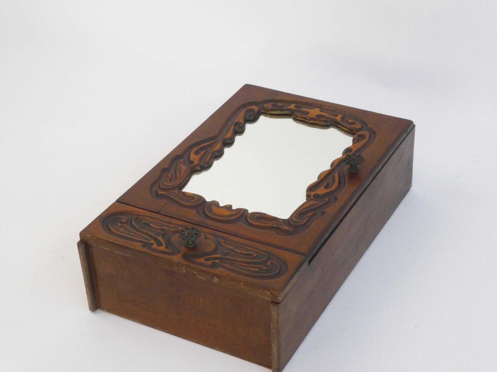Ornate Wooden Art Nouveau Cabinet With Mirror, Carved Medicine Cabinet, Apothecary Farmhouse With Drawer photo vinterior