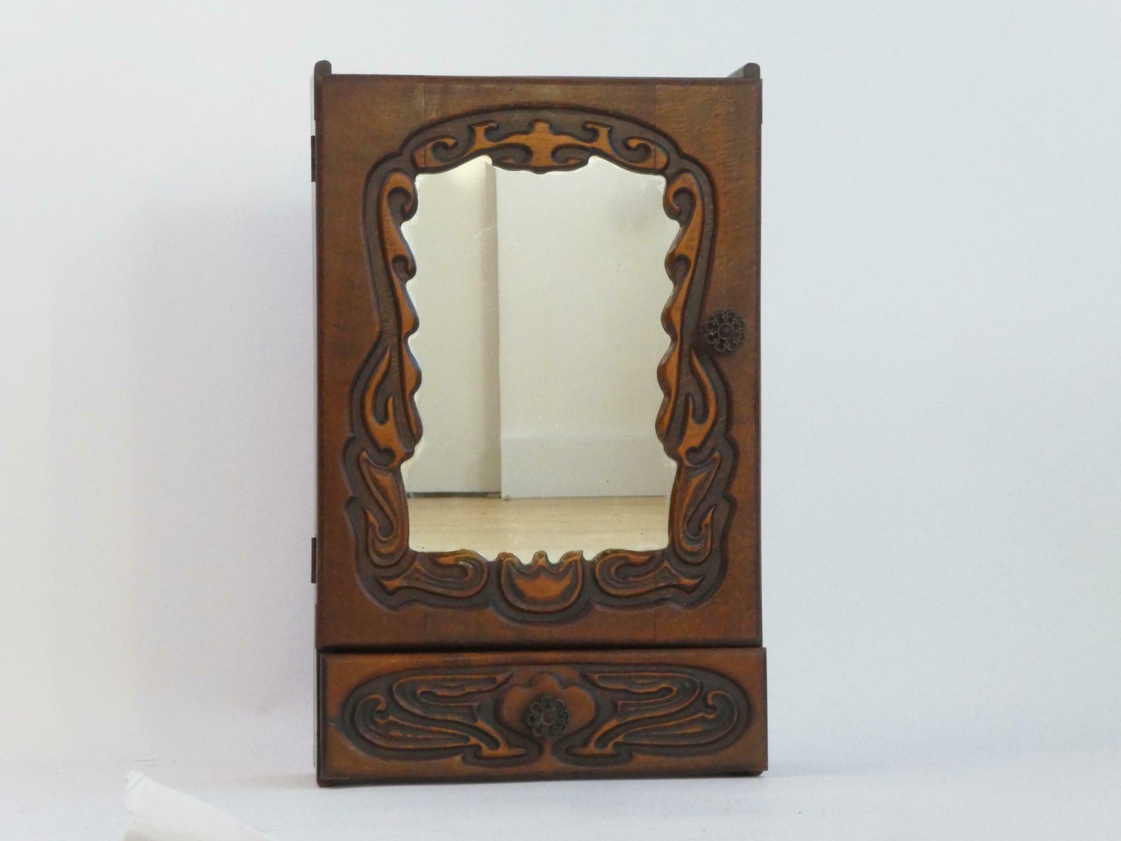 Ornate Wooden Art Nouveau Cabinet With Mirror, Carved Medicine Cabinet, Apothecary Farmhouse With Drawer photo buy