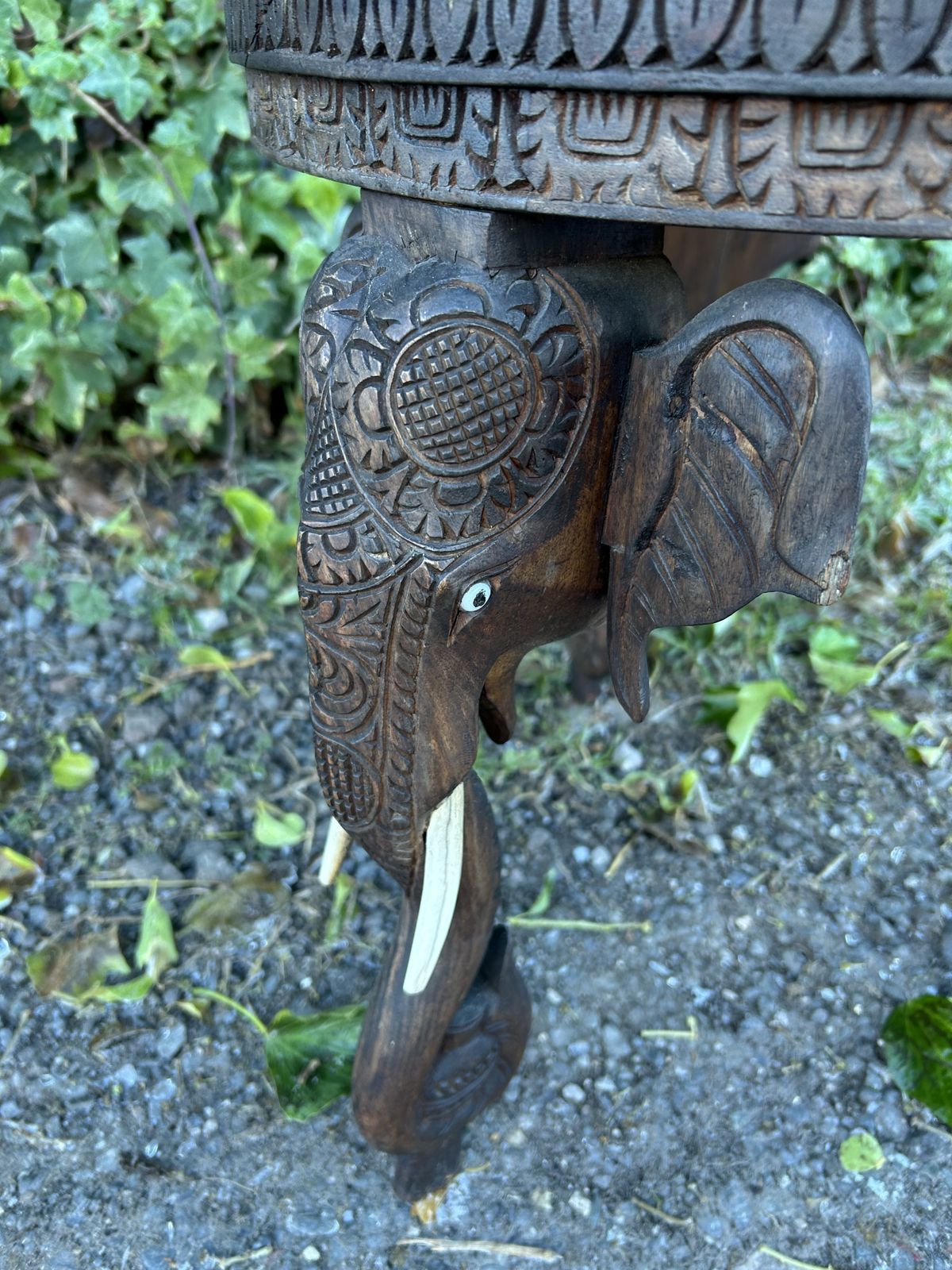 3 Leg Anglo Indian, Hand Carved Elephant Head  And Indian God Design Side Table. photo vintage