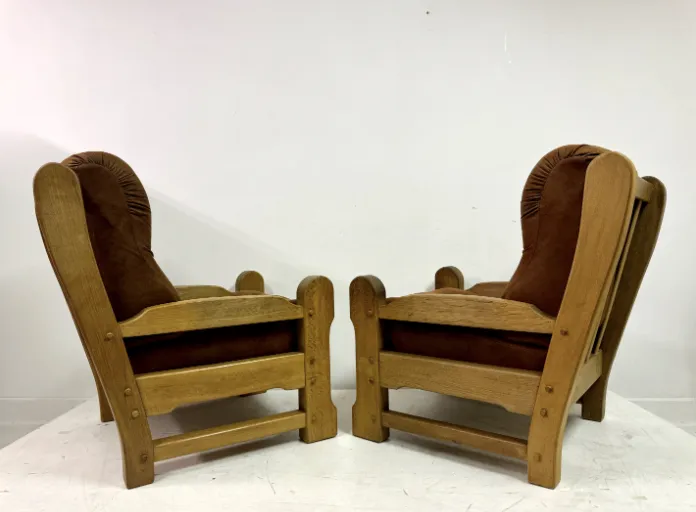 Furniture Pair Of Chunky 1960s Brutalist Armchairs In Oak photo